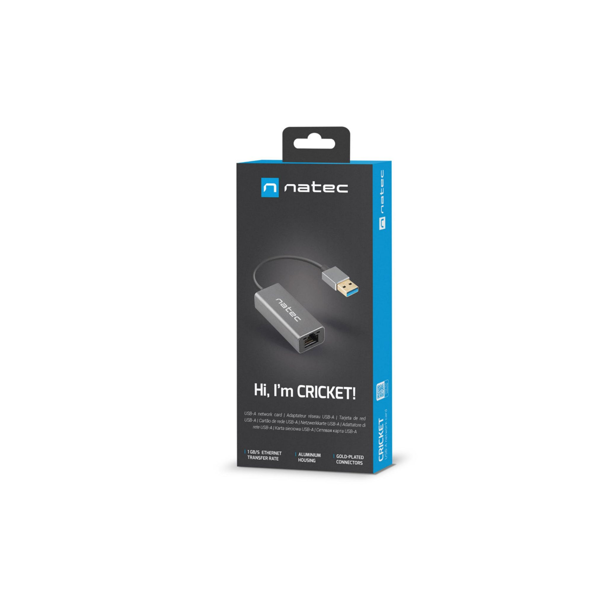 Una scheda di rete Natec USB-A in scatola con lo slogan 'Hi, I'm Cricket!' e dettagli del prodotto.