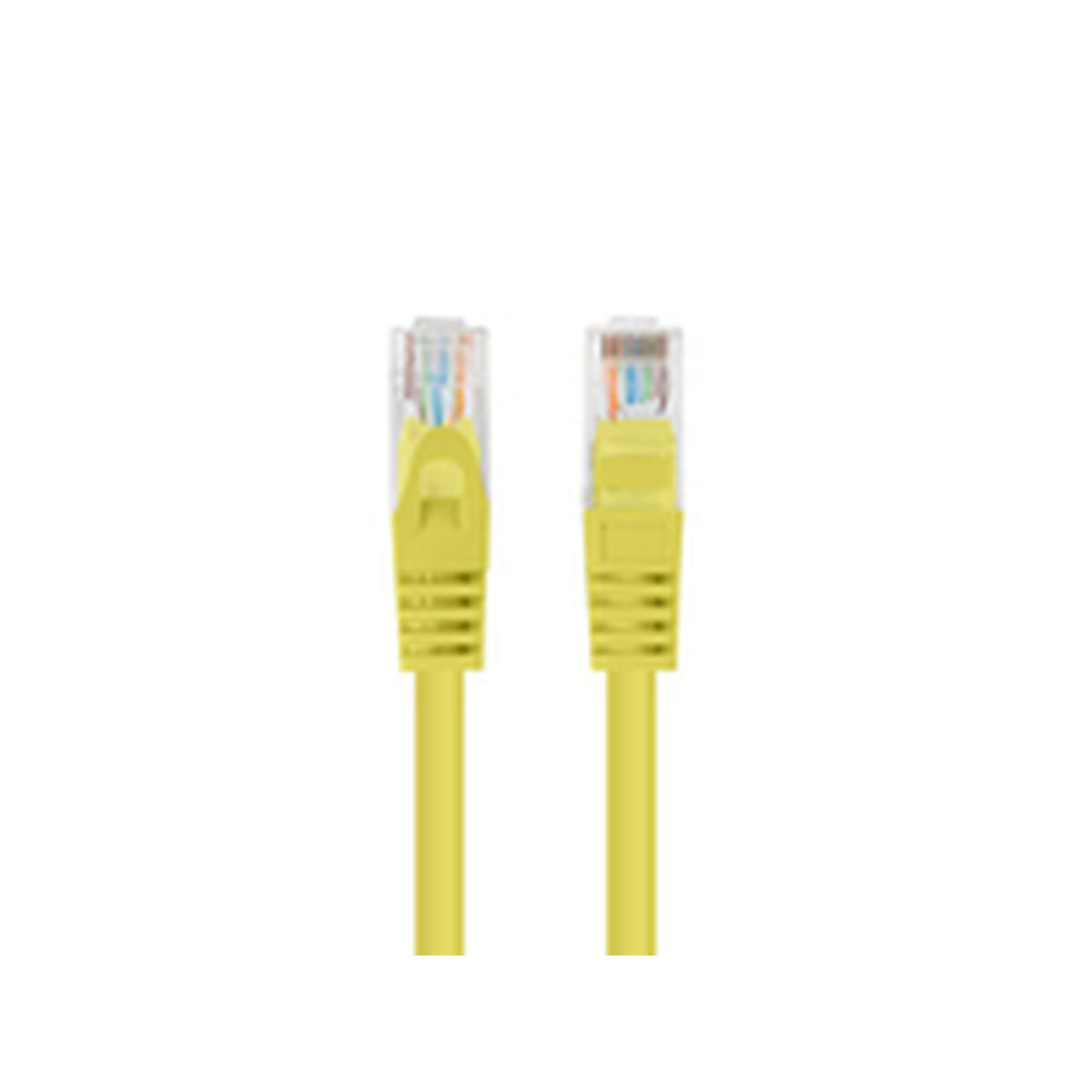 Deux câbles Ethernet jaunes avec connecteurs transparents, sur fond blanc.