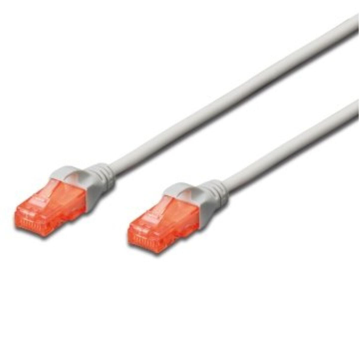 Due cavi ethernet con connettori arancioni, su una superficie bianca.