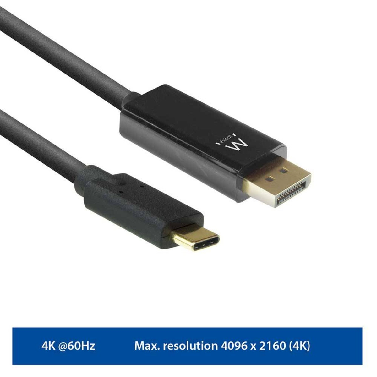 Se muestra un cable USB-C a DisplayPort negro. Muestra ambos conectores y tiene un cable negro.