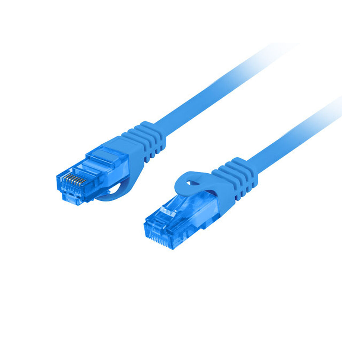 Twee blauwe netwerkkabels met connectoren, onder een hoek, tegen een witte achtergrond.
