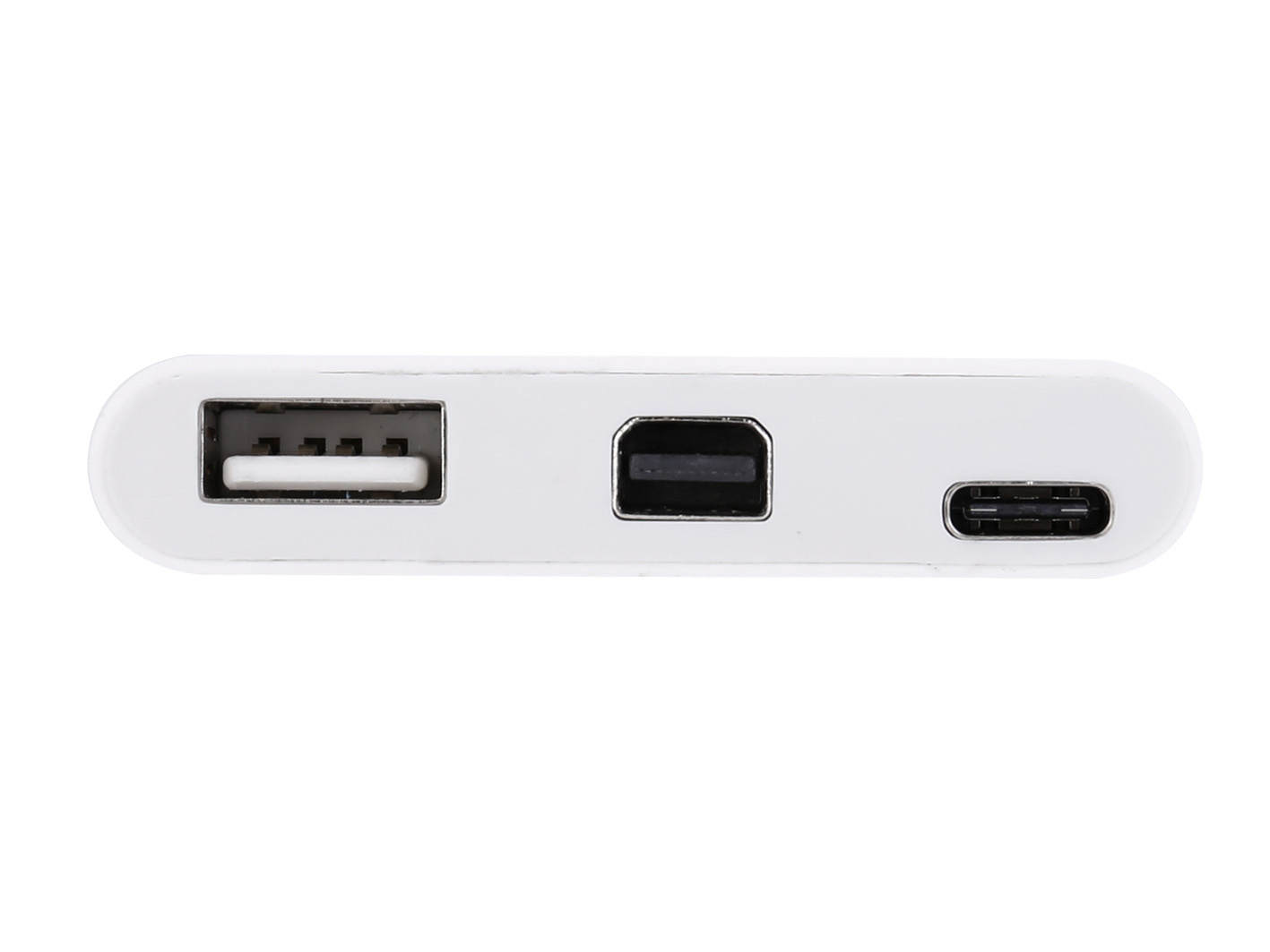 Un dispositivo blanco con puertos USB, mini USB y USB-C. El dispositivo está sobre un fondo blanco.