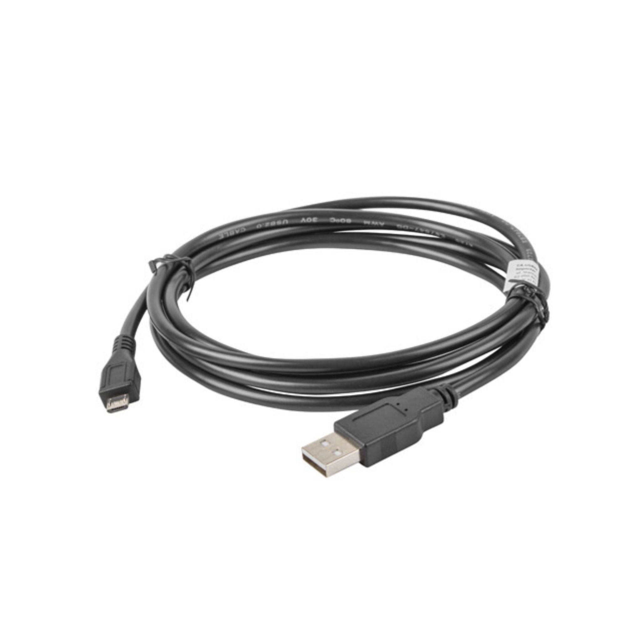 Cavo USB nero con connettore micro USB e connettore USB standard, su bianco.