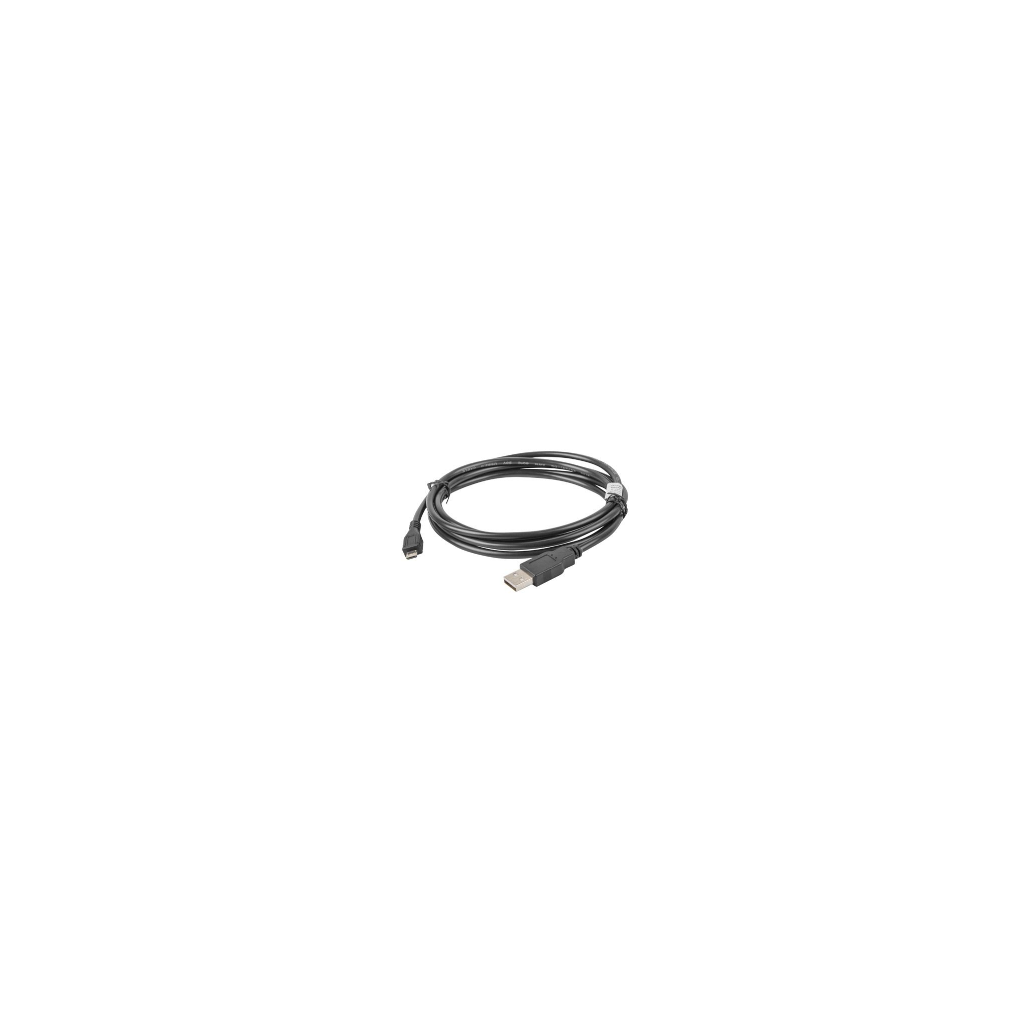 Cavo USB nero, arrotolato, con connettore micro USB e connettore USB standard, su bianco.