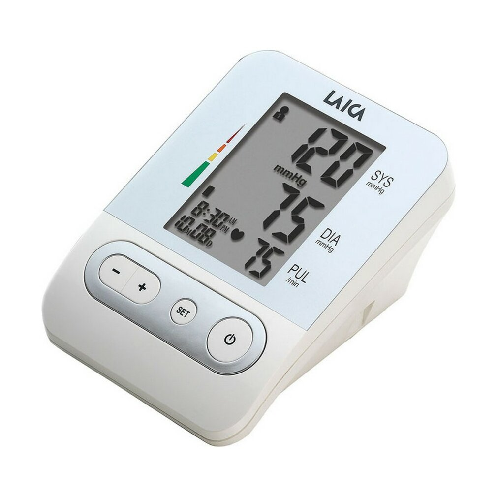 Un monitor de presión arterial blanco muestra lecturas: 120/75 mmHG, pulso 75, y hora 6:30 AM.