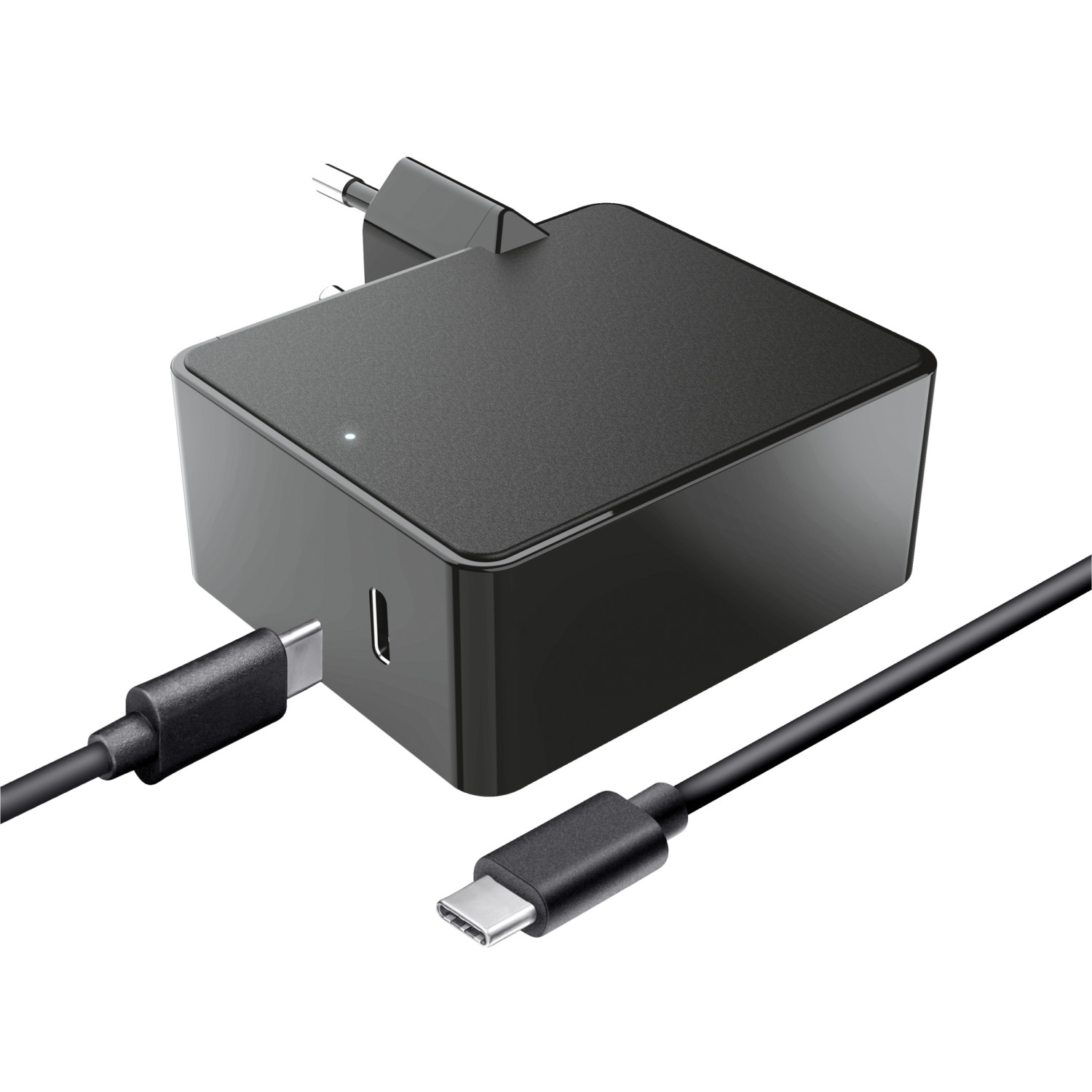 Un caricabatterie nero con porta USB-C e un cavo. Il caricabatterie ha una piccola luce bianca.