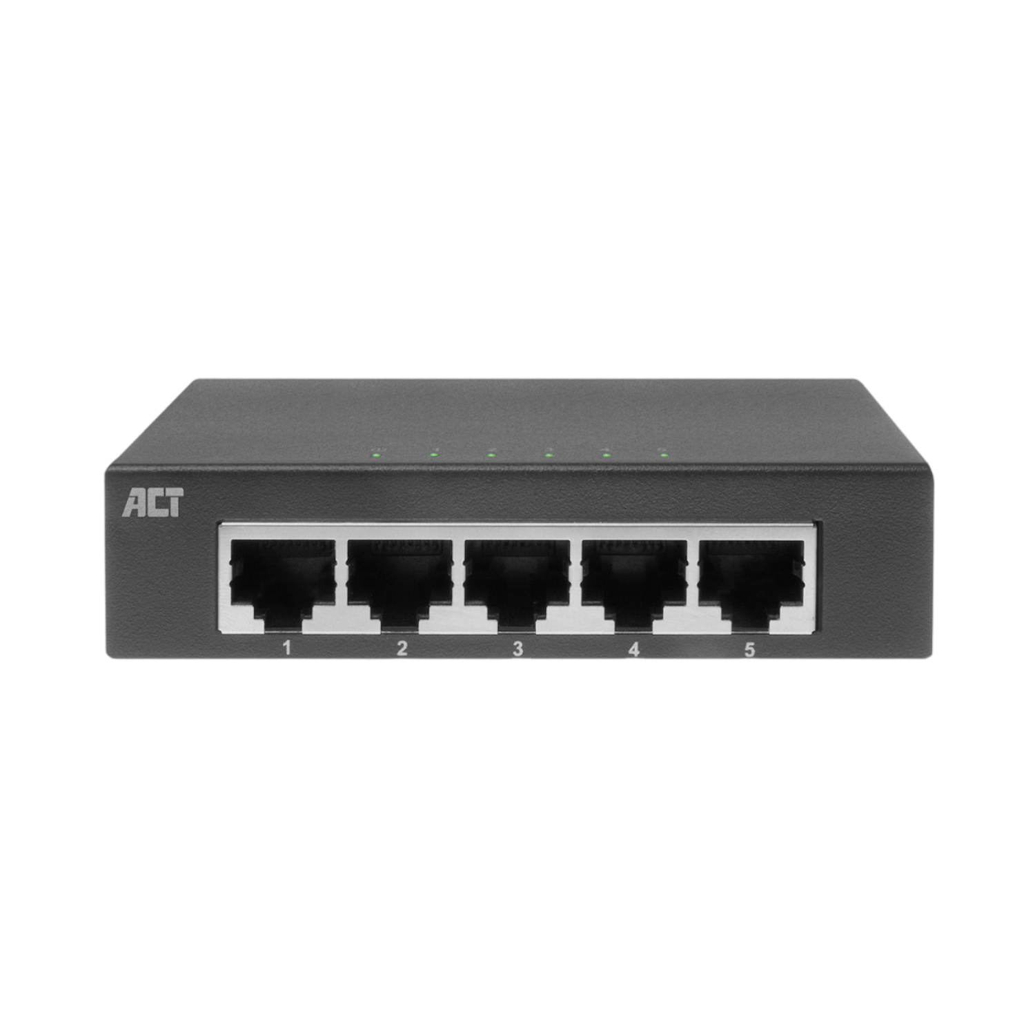 Ein schwarzer Netzwerk-Switch mit fünf RJ45-Ports. Die Vorderseite ist schwarz und trägt den Markennamen ACT.