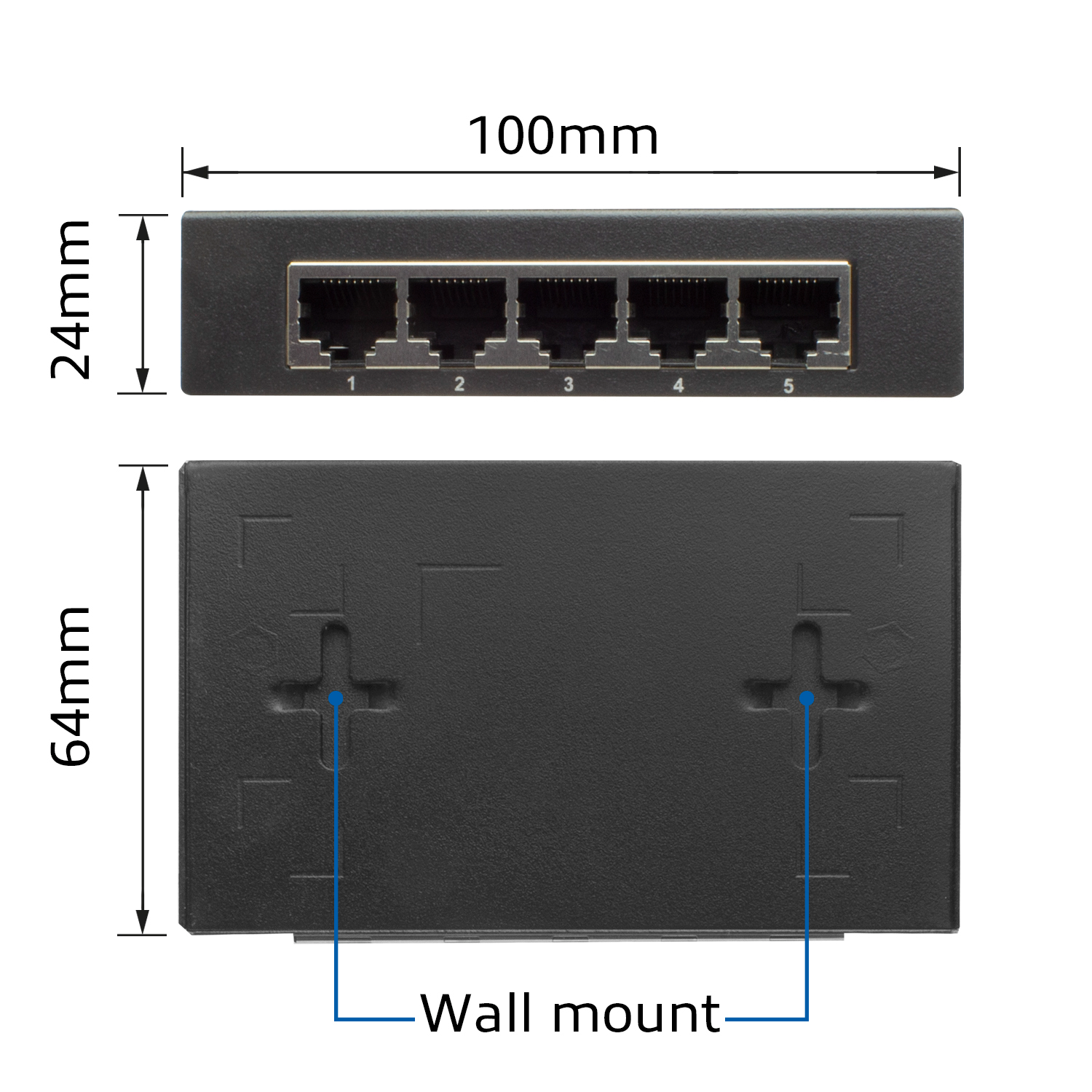 Die Ober- und Unterseite eines schwarzen Netzwerk-Switches mit Maßen und Wandmontageanweisungen.