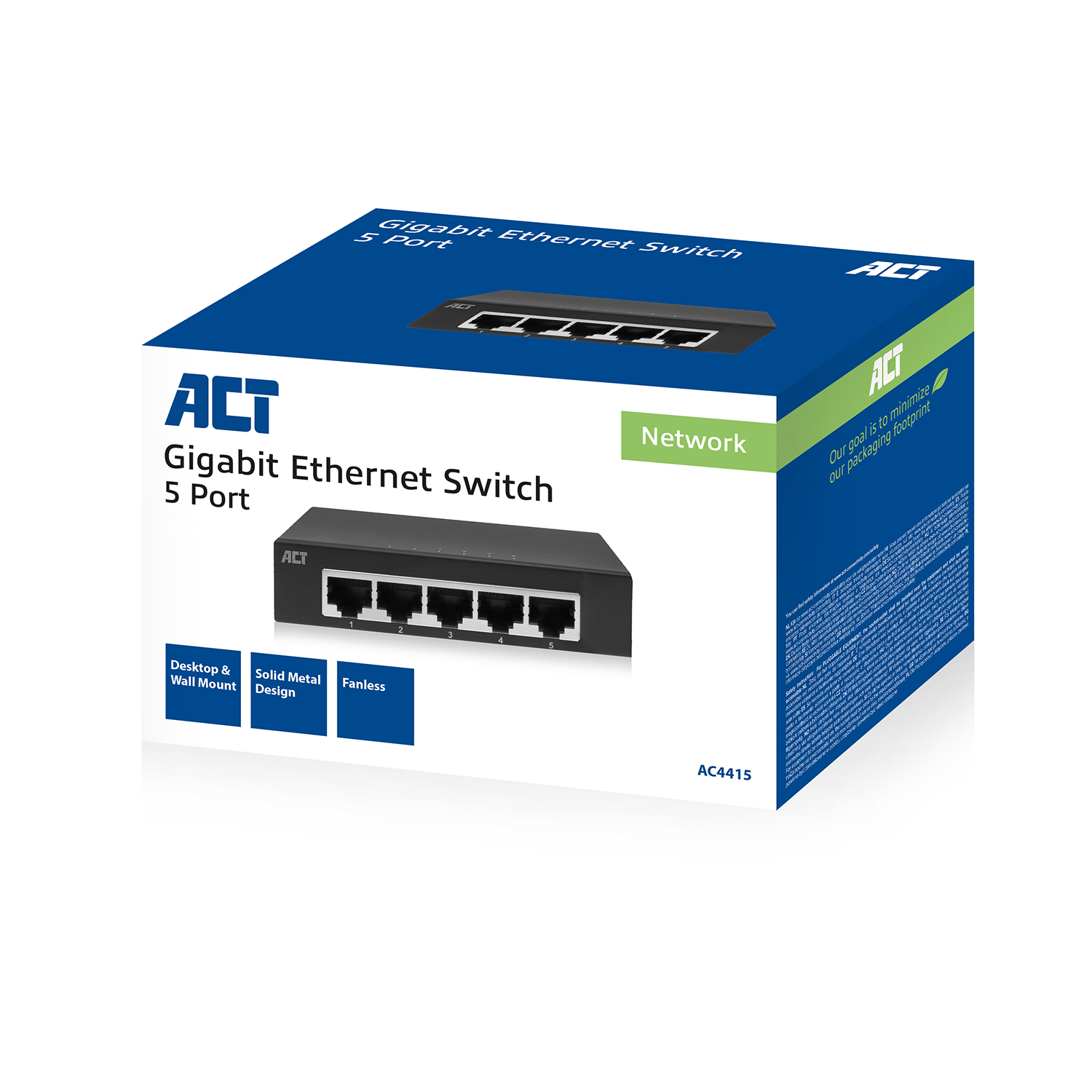 Eine Box für einen Gigabit-Ethernet-Switch. Es hat einen schwarzen Switch und einen weißen Hintergrund.