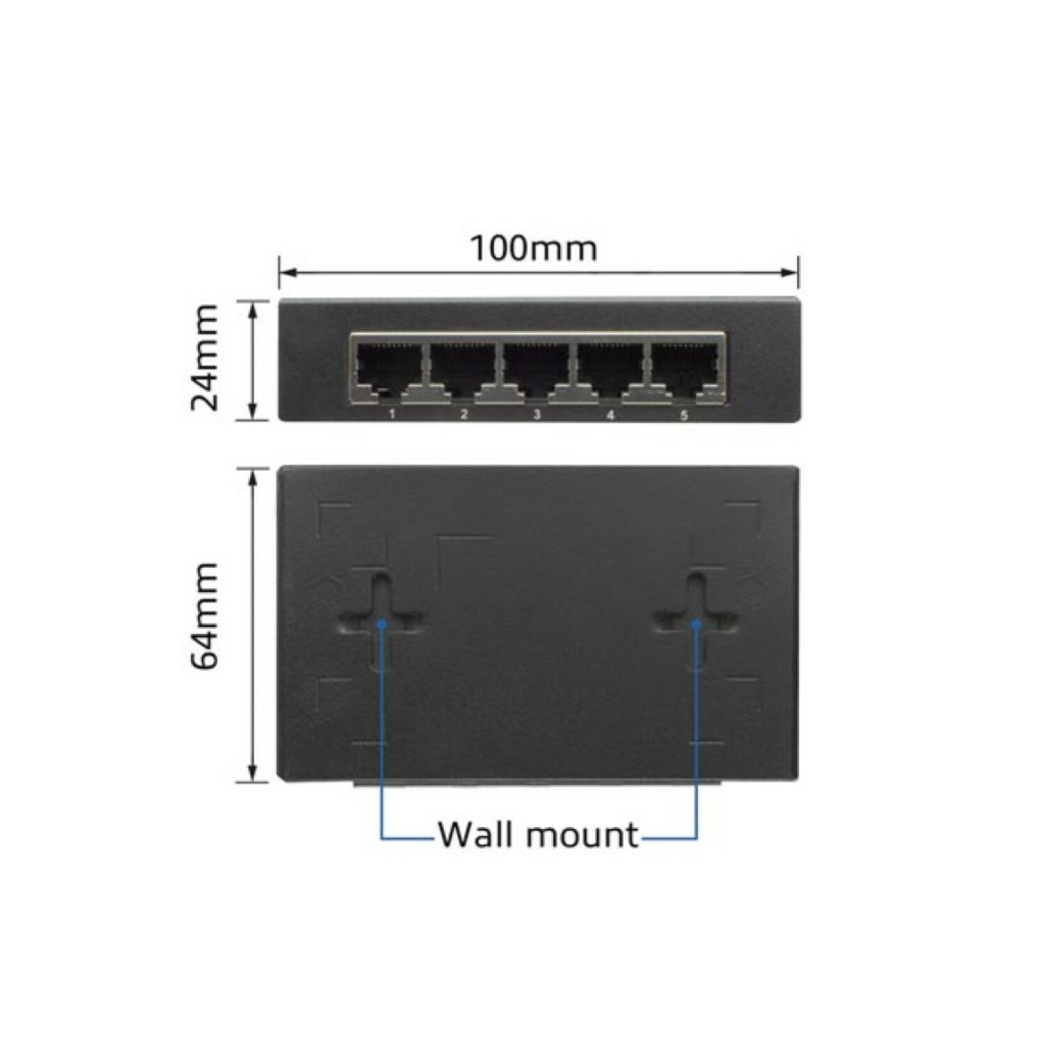 Schwarzer Netzwerk-Switch mit Abmessungen und Wandmontageoptionen auf Weiß.
