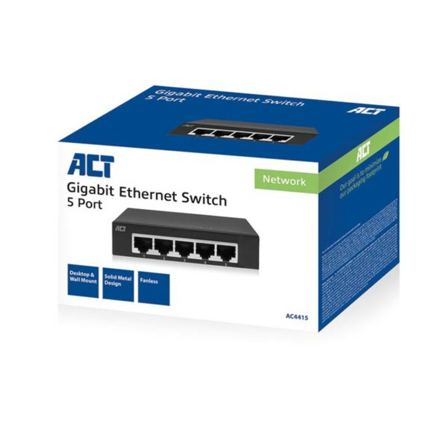 Eine Box mit einem Netzwerk-Switch, mit dem Markennamen ACT und der Beschreibung Gigabit Ethernet Switch.