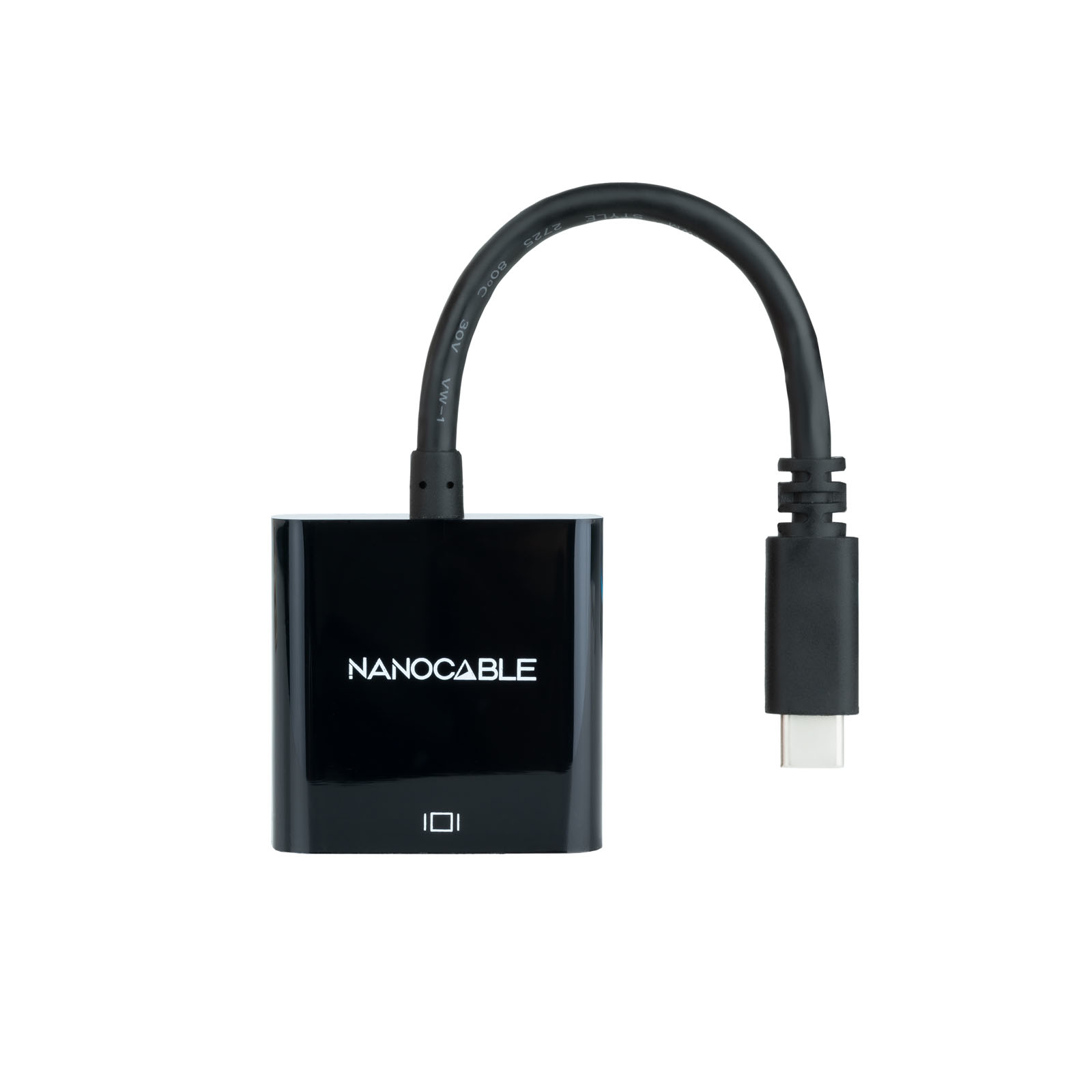 Schwarzer Adapter mit NANOCABLE-Text und USB-C-Kabel auf weißem Hintergrund.