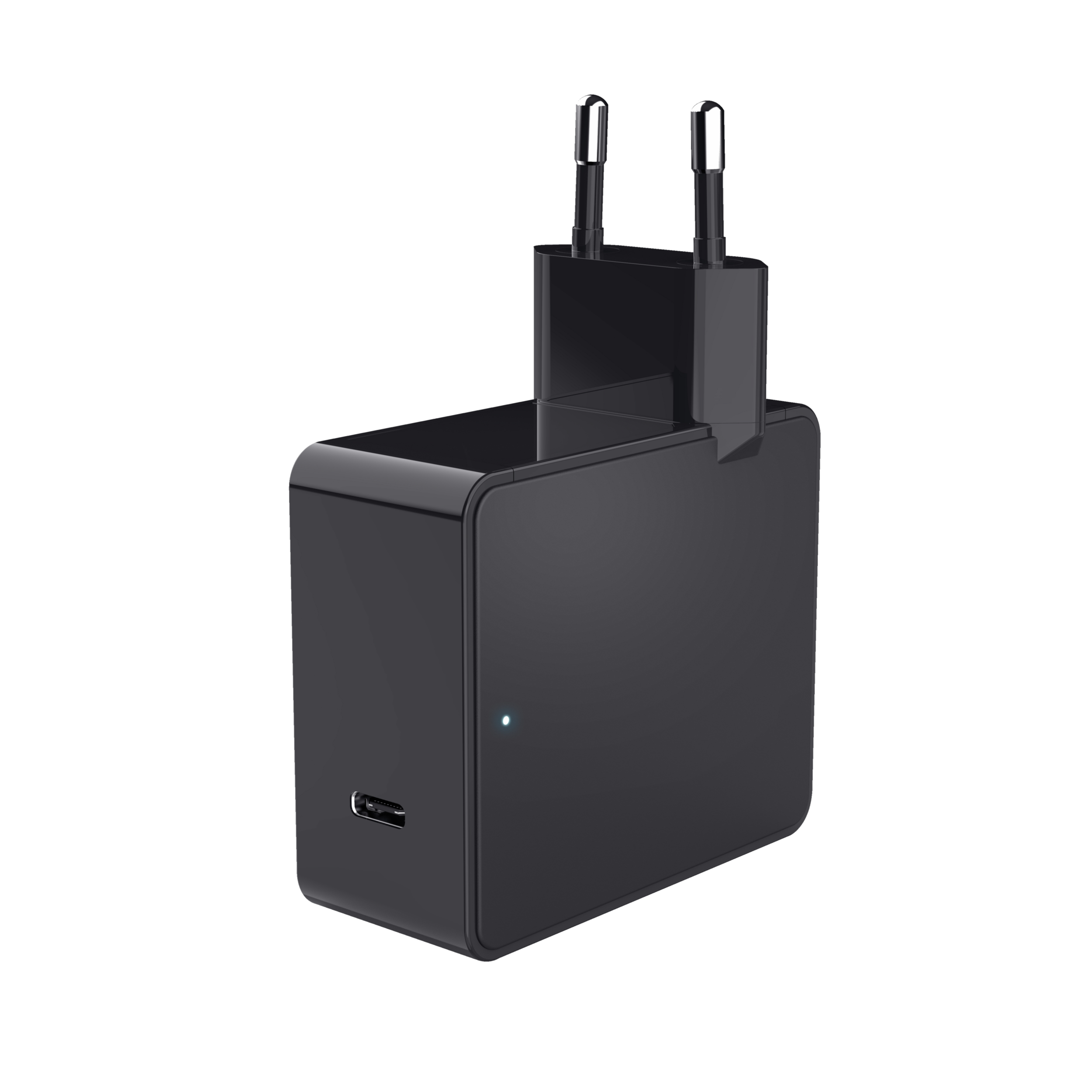 Un caricatore USB-C nero con due spine. Ha una singola porta USB-C e una luce blu.