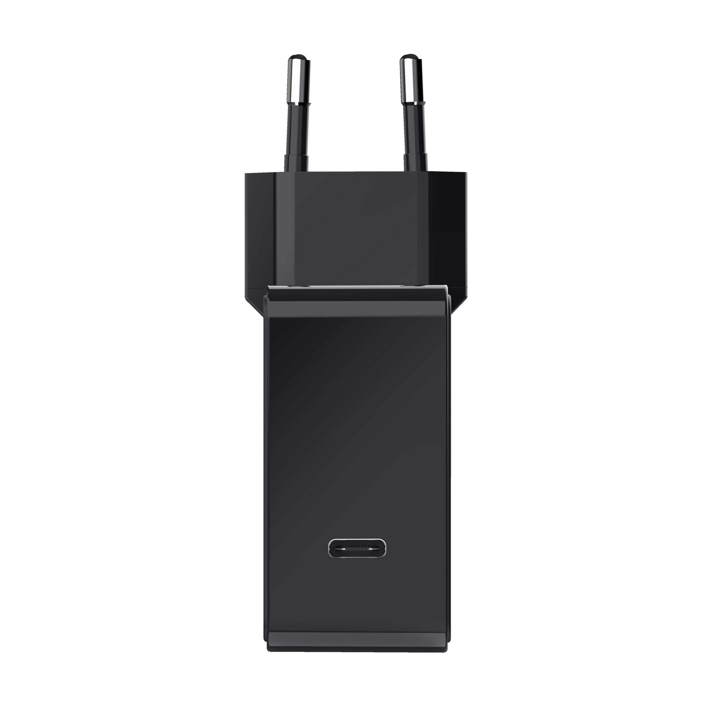 Caricatore nero con due pin in alto e una porta USB-C sul lato.