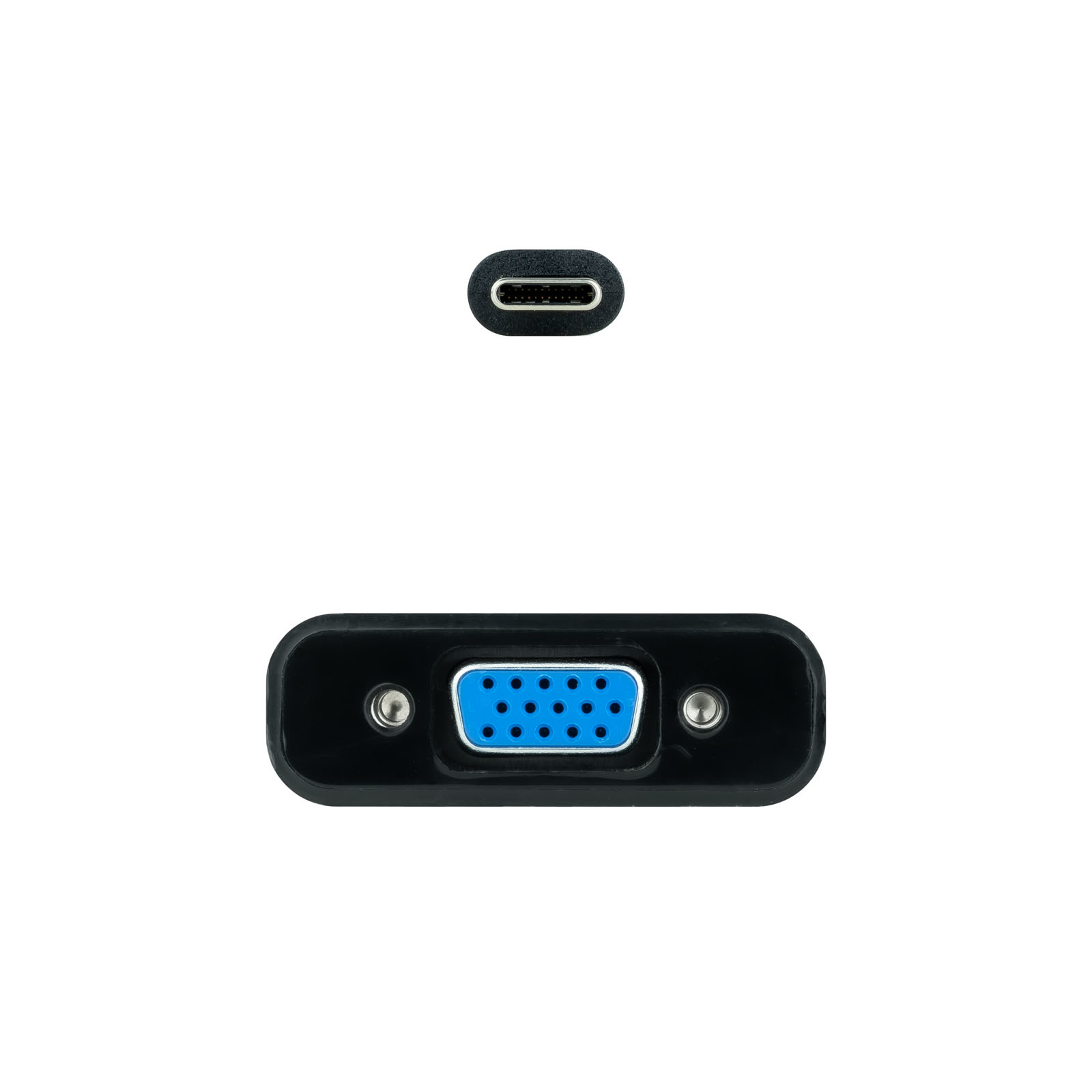Adaptador negro con puertos USB-C y VGA sobre fondo blanco.