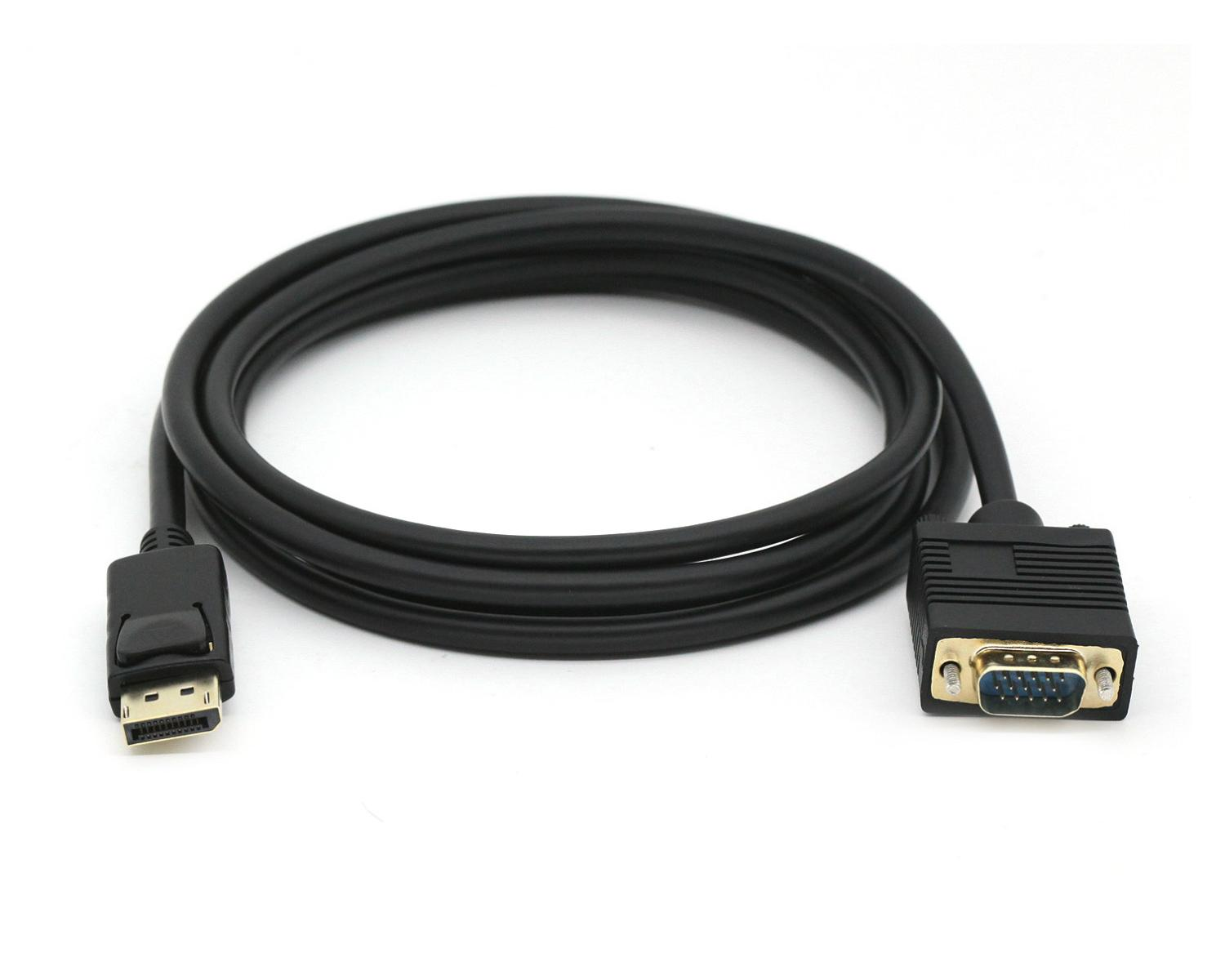 Cable DisplayPort a VGA negro, conectores en cada extremo. Fondo blanco.