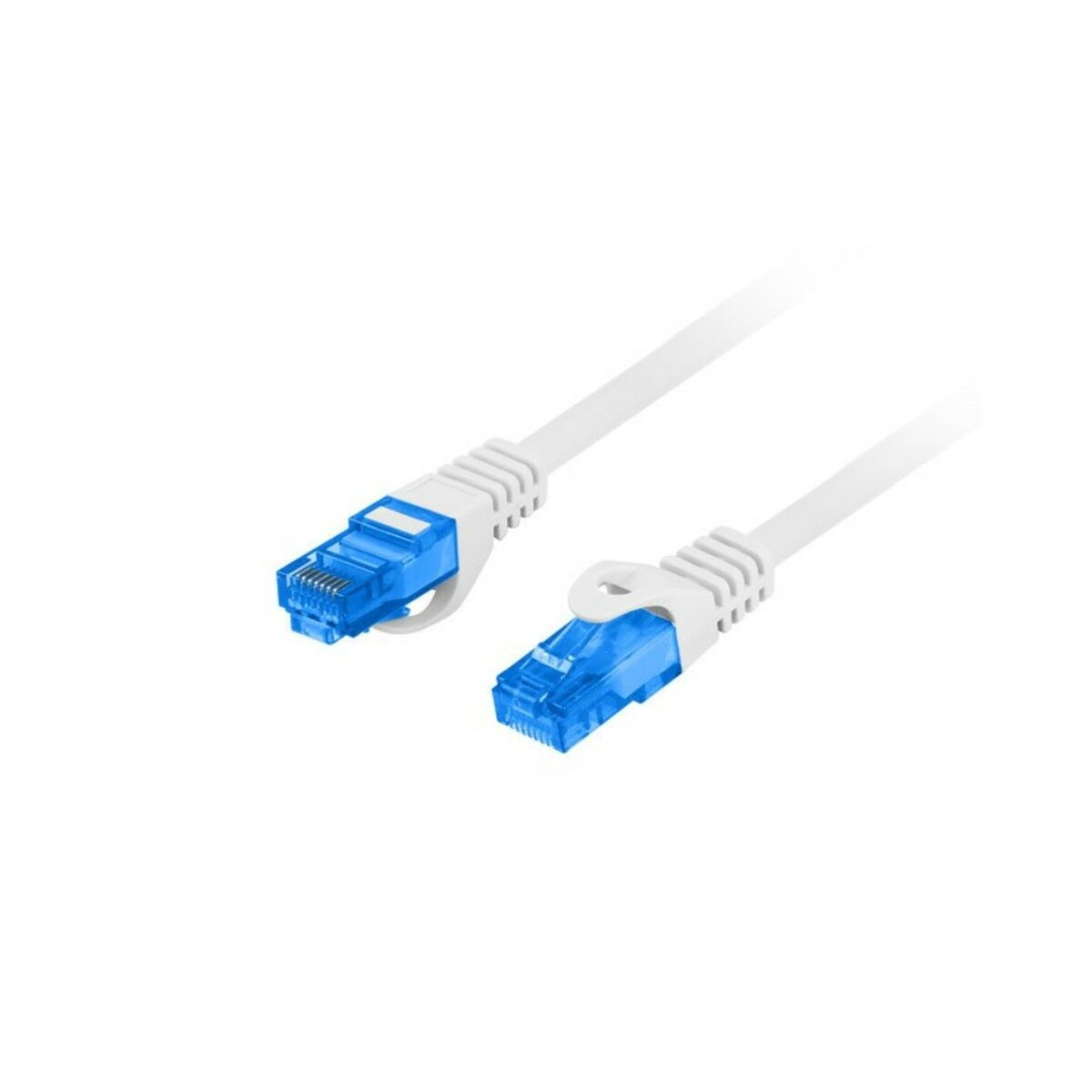 Câble réseau blanc avec connecteurs bleus. Fond blanc.
