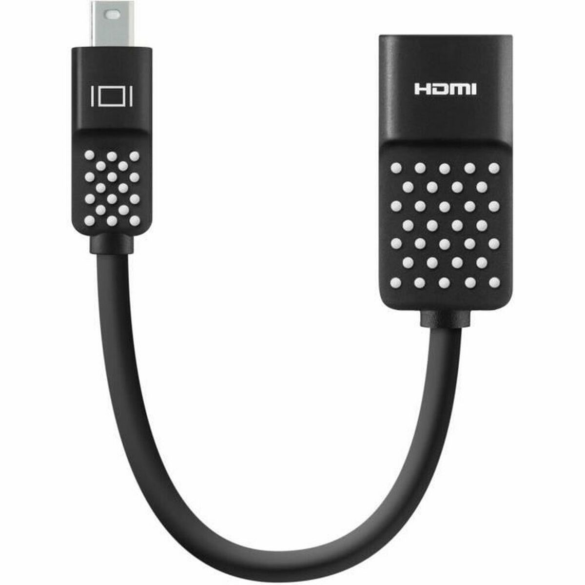 Adaptador negro de HDMI a mini DisplayPort. Fondo blanco.