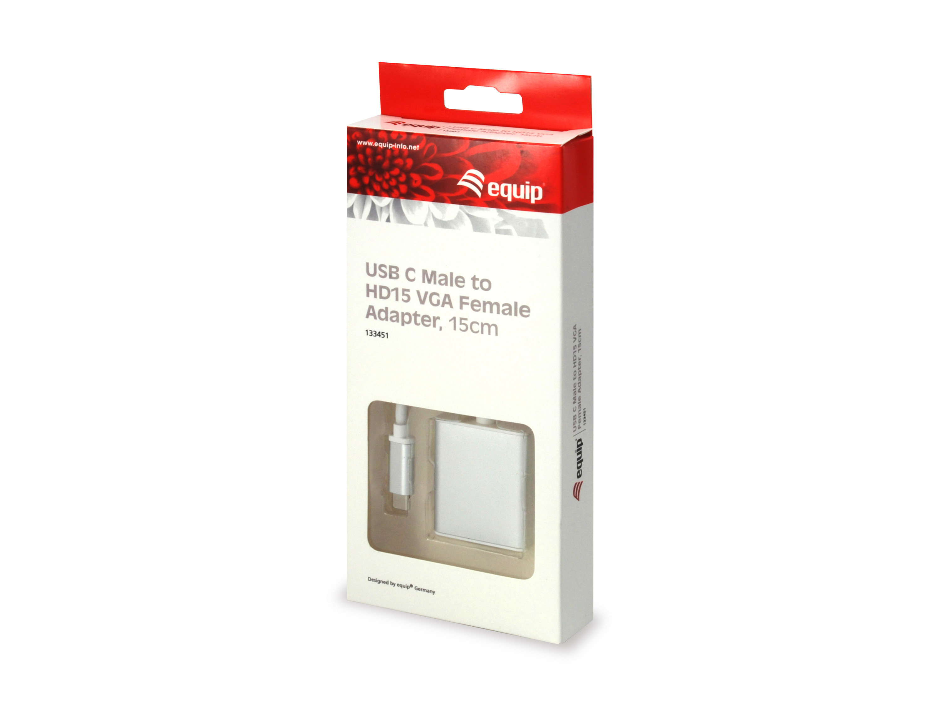 Caja para un Adaptador USB C Macho a HD15 VGA Hembra. Fondo blanco.