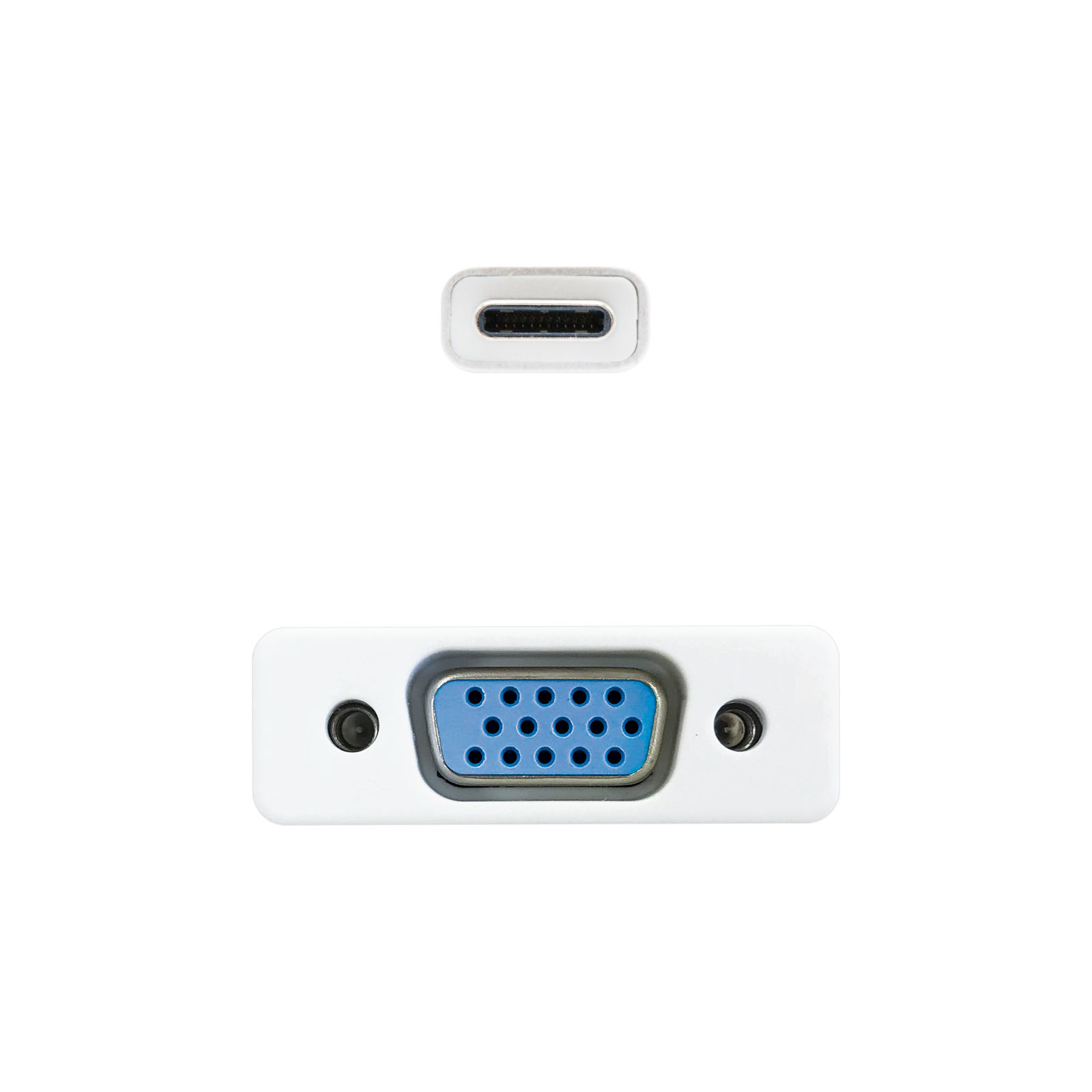 Dos conectores blancos. Uno es VGA y el otro es USB-C. Ambos están sobre un fondo blanco.