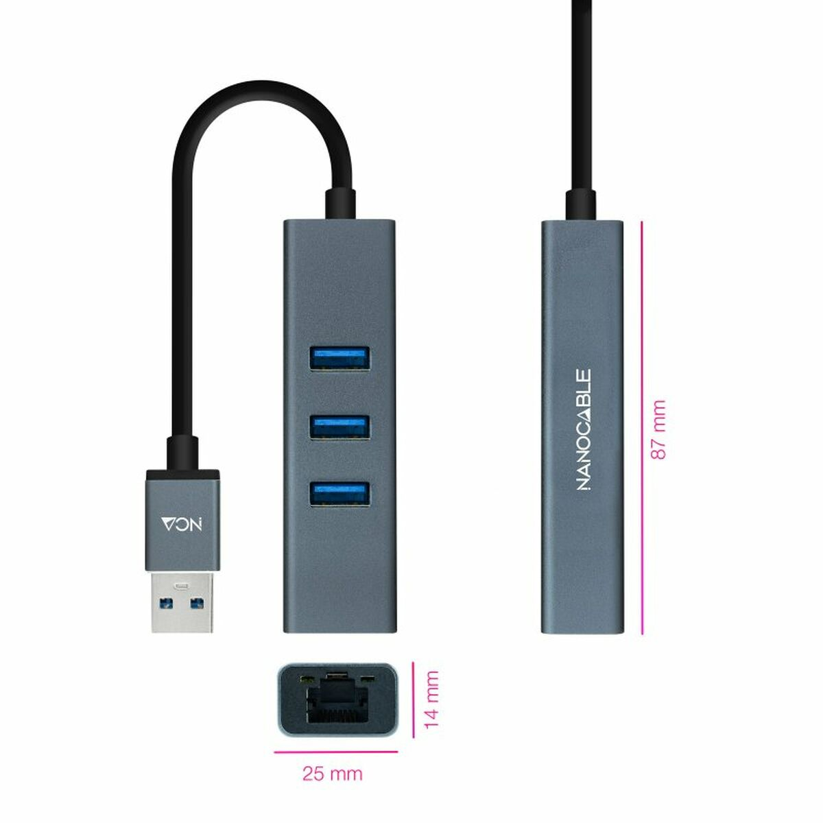 Concentrador USB gris con 3 puertos USB y un puerto RJ45. El concentrador está conectado a un conector USB-A.