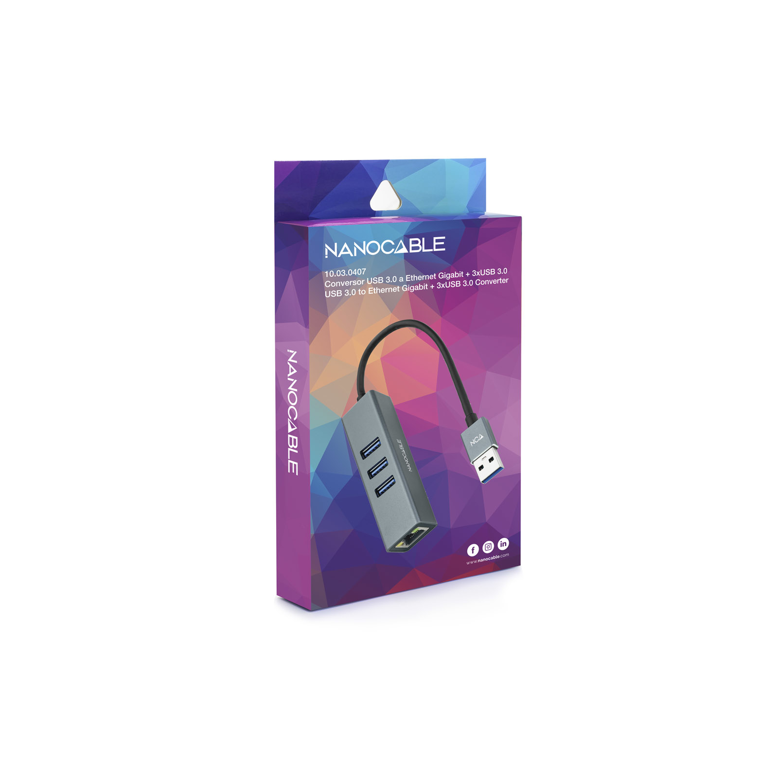 Una caja NANO CABLE. Es un convertidor USB 3.0 a Ethernet Gigabit. Está sobre un fondo blanco.