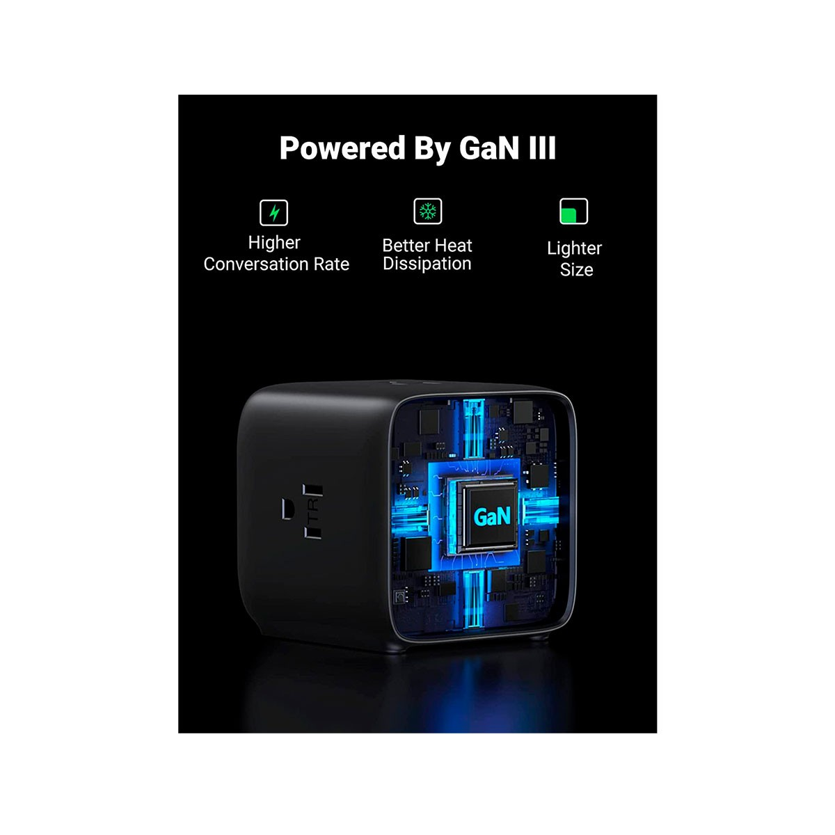 Un cubo nero con porte. Testo: Powered by GaN III, Maggiore velocità di conversione, Migliore dissipazione del calore.