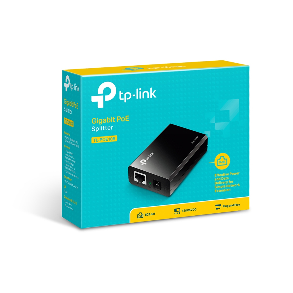 Caja divisora Gigabit PoE TP-Link. Caja blanca y azul con PoE y extensión de red simple.