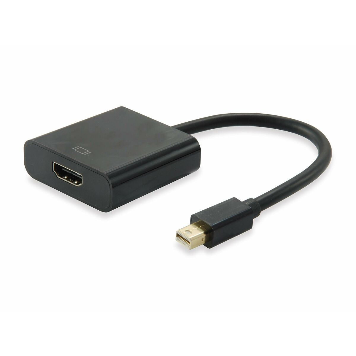 Ein schwarzer Adapter mit einem HDMI-Anschluss und einem Mini-DisplayPort-Anschluss, verbunden durch ein Kabel.