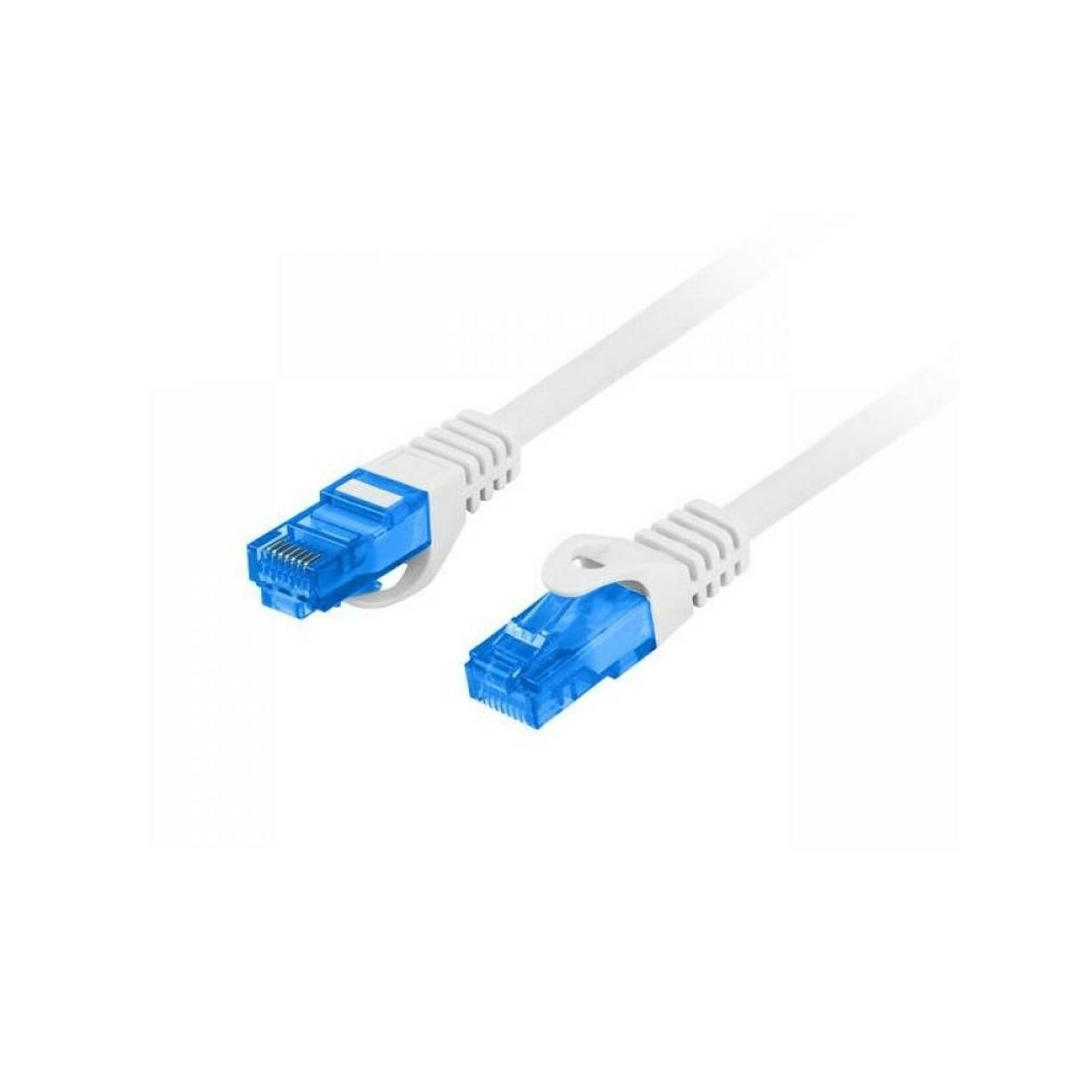 Dos cables Ethernet blancos con conectores azules, sobre una superficie blanca, tomados desde un ángulo alto.