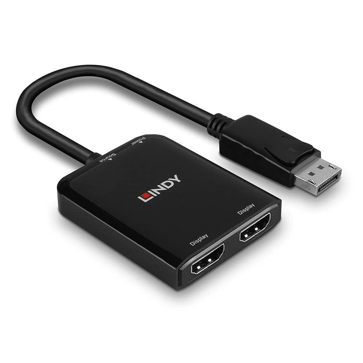 Un adaptador LINDY negro con conectores DisplayPort y HDMI, conectado por un cable negro.