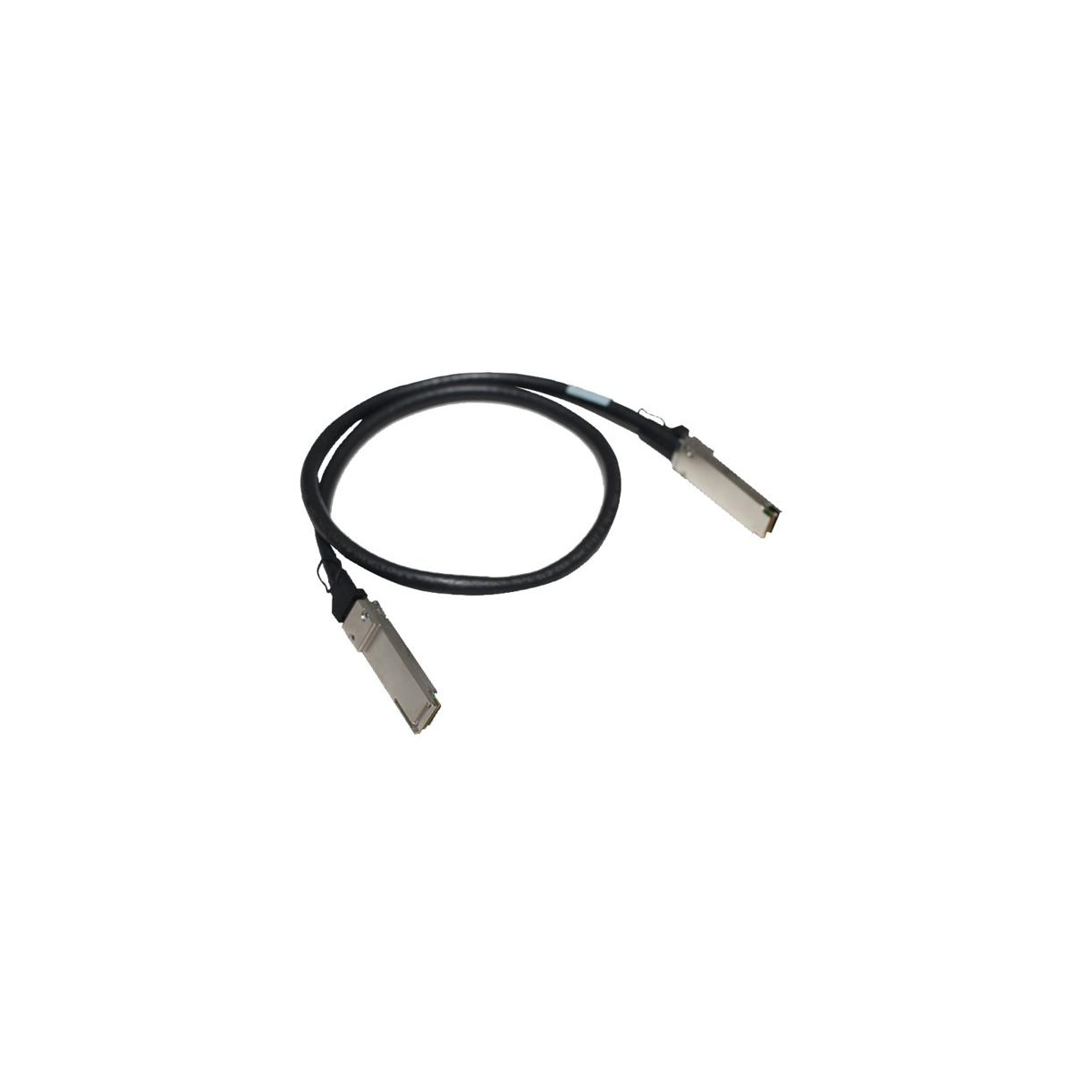 Ein schwarzes SFP+-Kabel mit Metallanschlüssen auf weißem Hintergrund. Das Kabel ist aufgerollt.