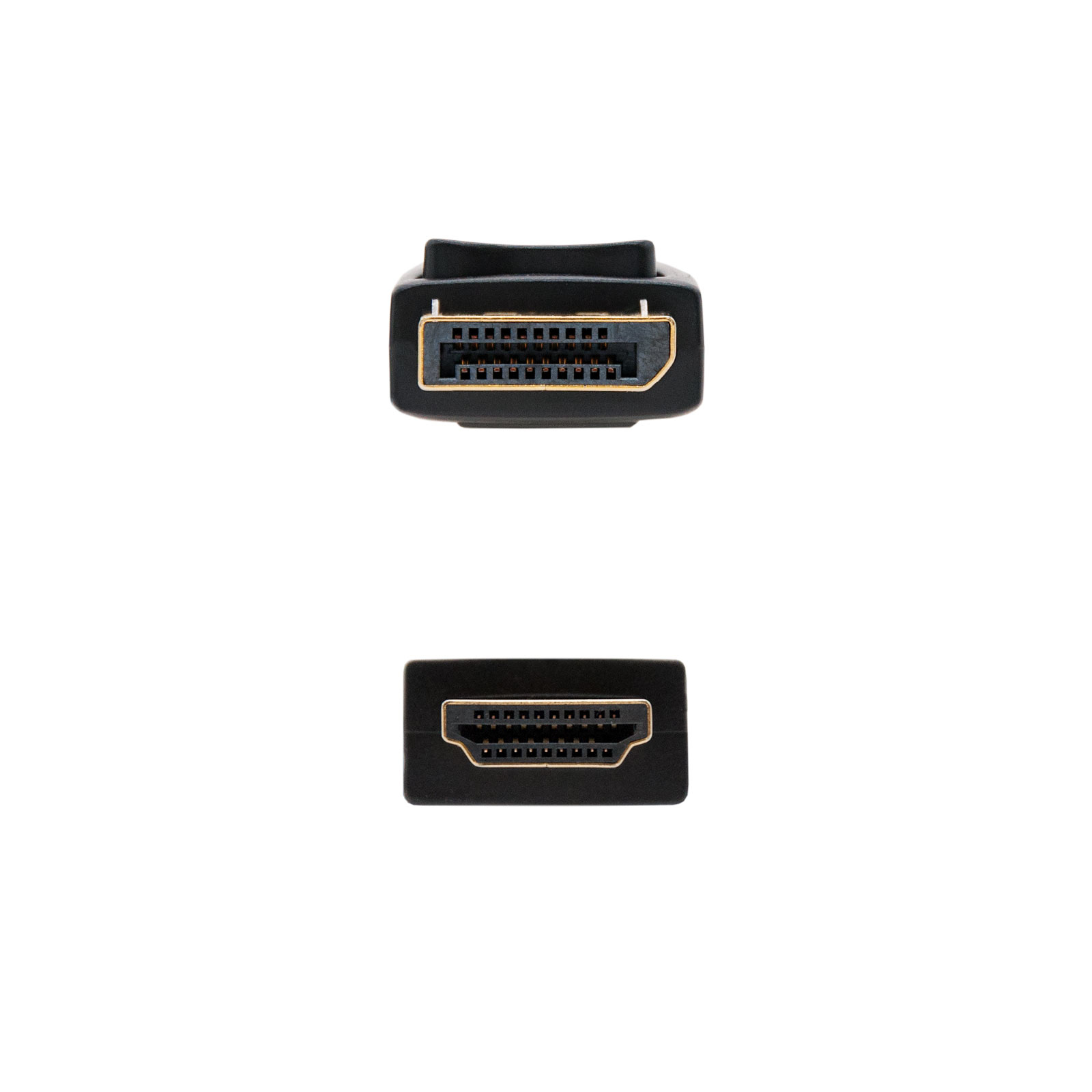 Dos conectores HDMI negros, vista superior e inferior, sobre fondo blanco.