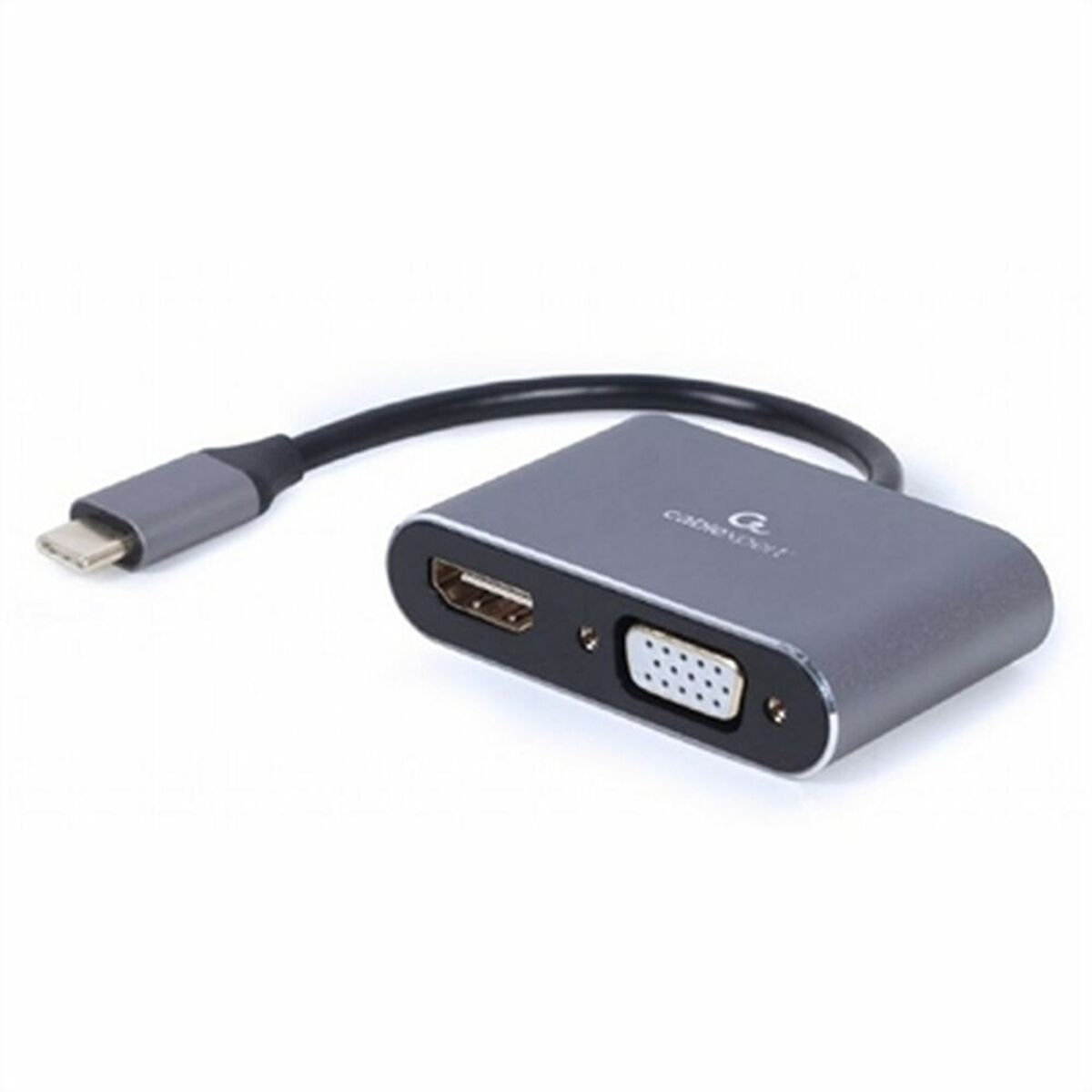 Un adaptador gris con puertos HDMI y VGA, y un conector USB-C, sobre un fondo blanco.