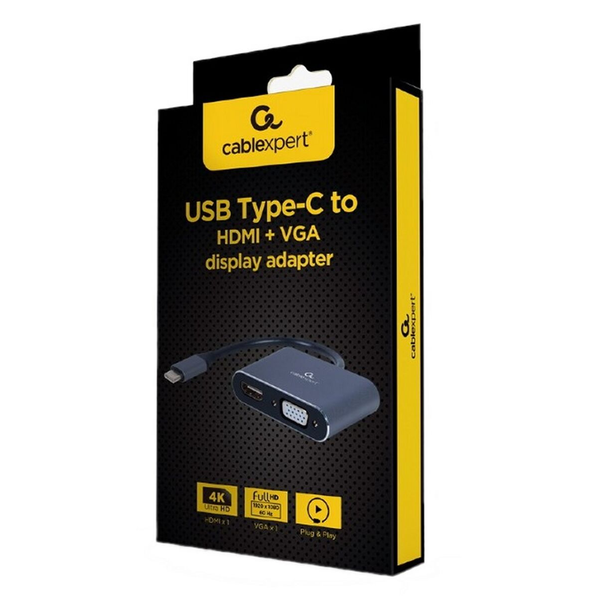 Un adaptador USB Tipo-C a HDMI y VGA en una caja Cablexpert.