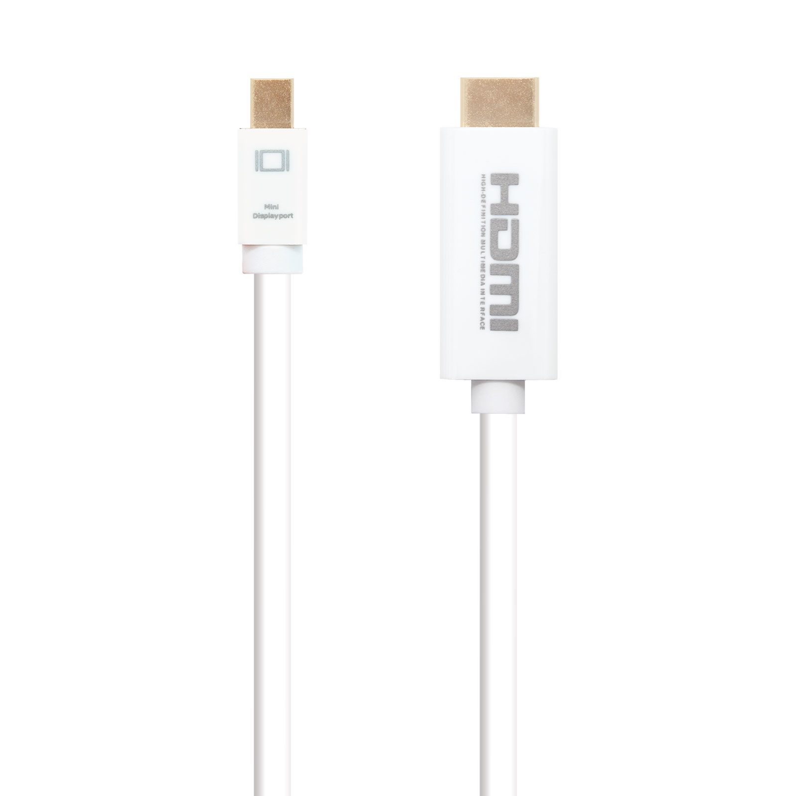 Cable HDMI blanco con conectores Mini Displayport y HDMI sobre fondo blanco.
