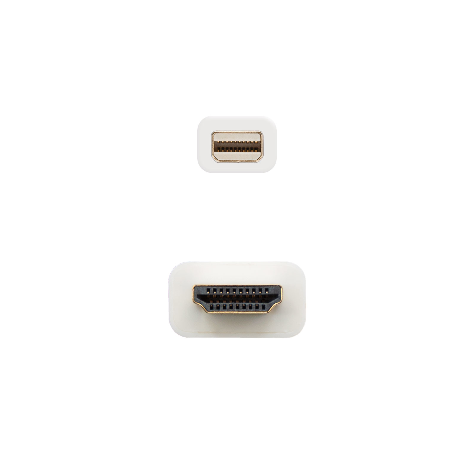 Dos conectores blancos, un puerto mini-display y un puerto HDMI, sobre un fondo blanco.