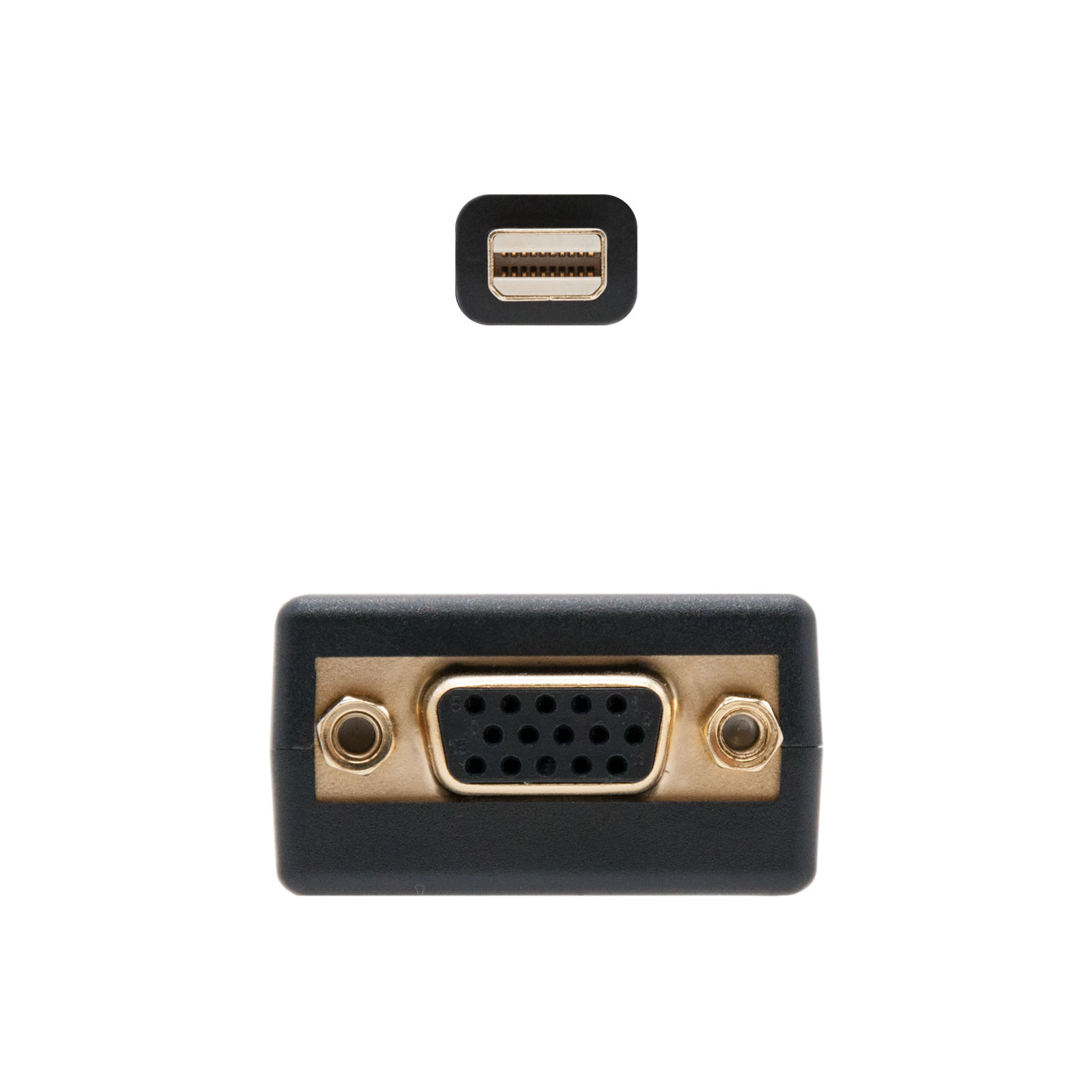 Un Mini DisplayPort y un conector VGA en un adaptador negro. Fondo blanco.