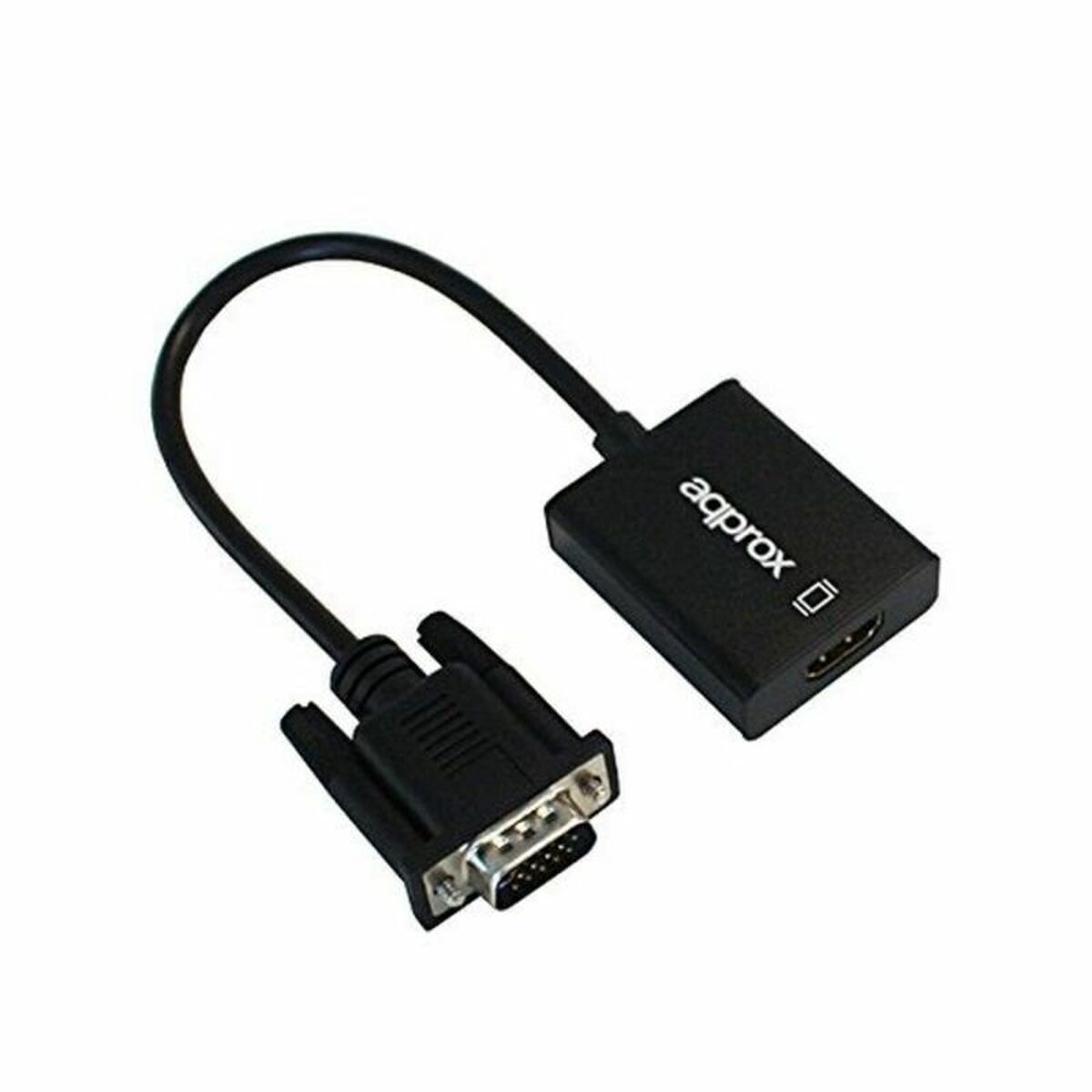 Un cable adaptador HDMI a VGA negro. Un extremo tiene un conector VGA, el otro un conector HDMI y una caja negra.