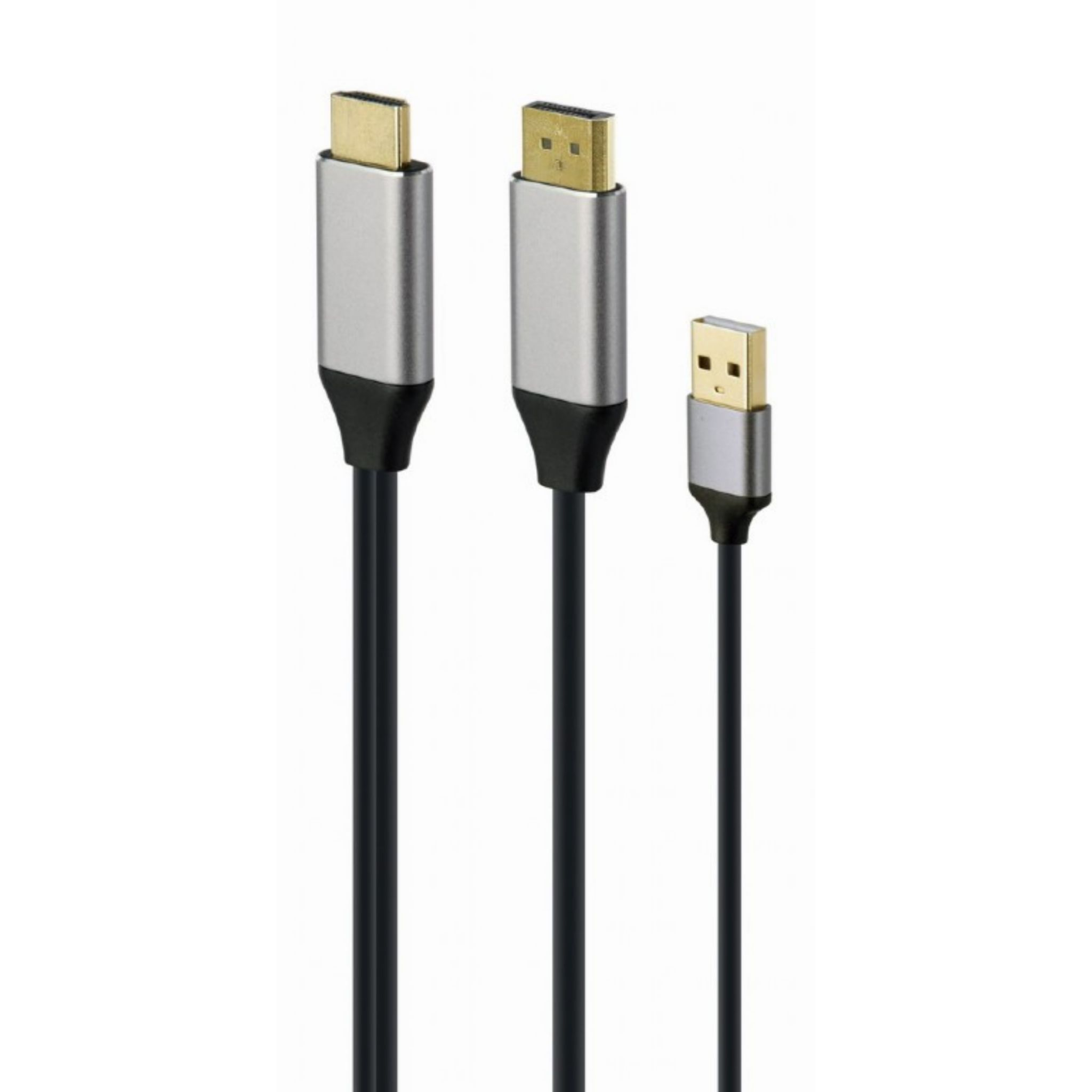 Tres cables negros con conectores grises y puertos dorados. Uno tiene USB, otro HDMI, otro USB-C.