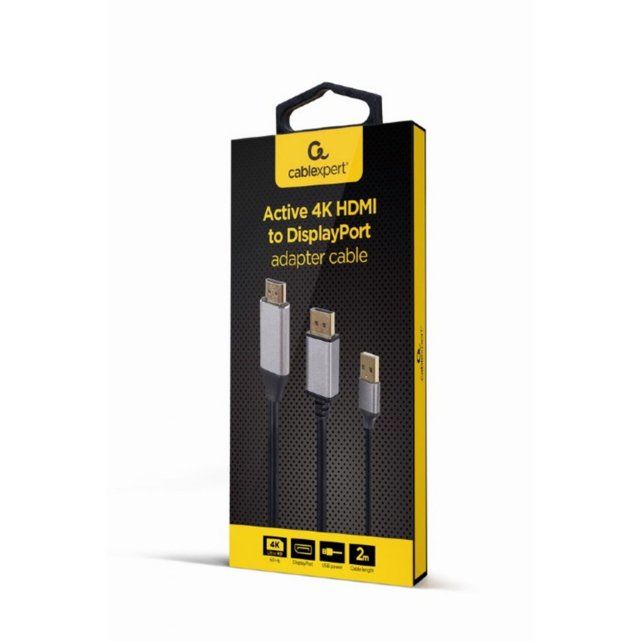 Una caja con un asa negra y el texto 'Cable adaptador HDMI a DisplayPort 4K activo'. Muestra 3 cables.