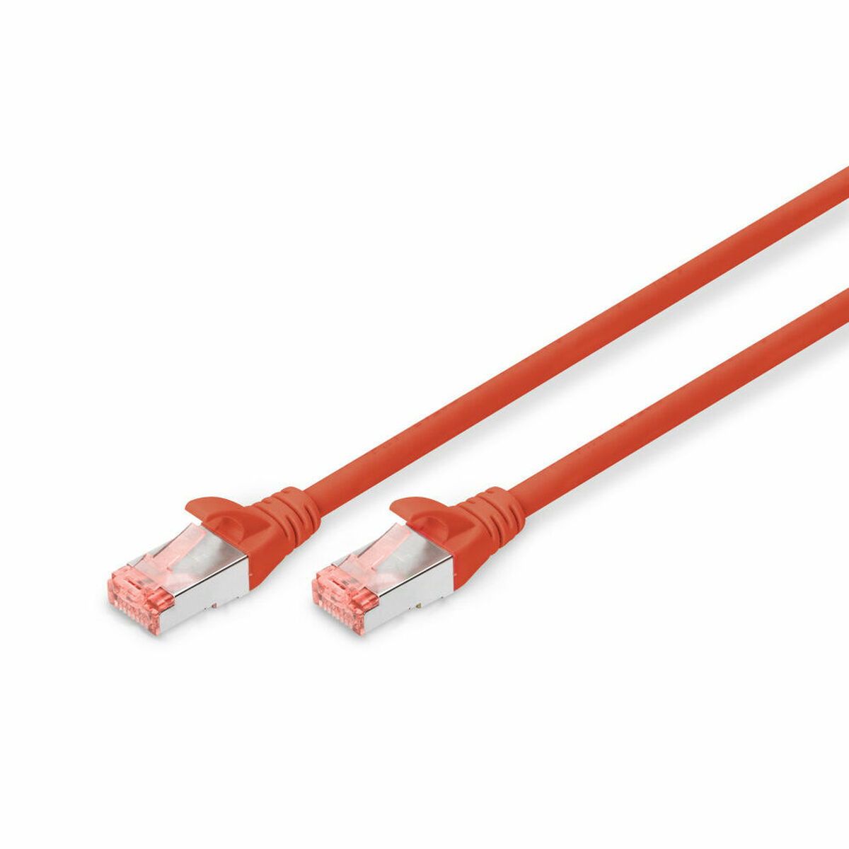 Deux câbles Ethernet orange avec connecteurs transparents, fond blanc.
