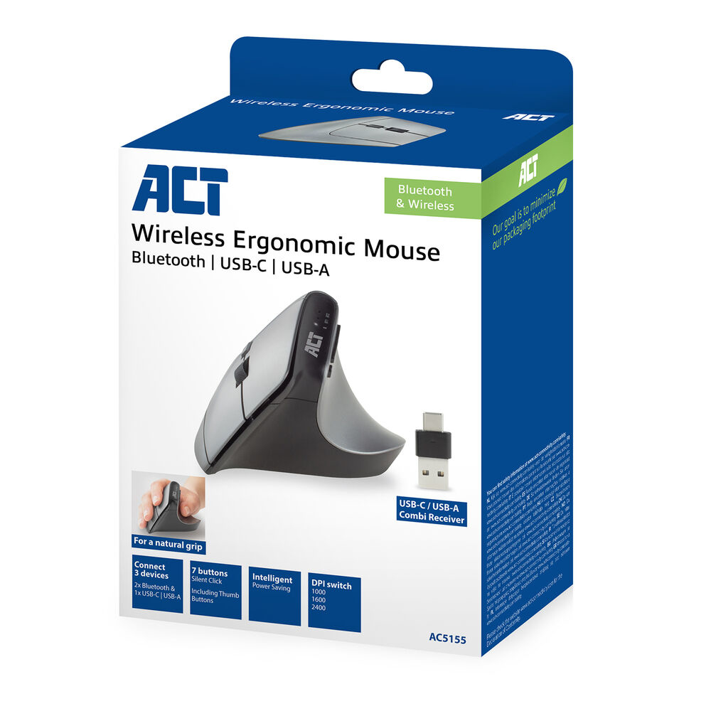 Boxed ergonomic mouse with Bluetooth and USB, with an image of the mouse and its features on the box.