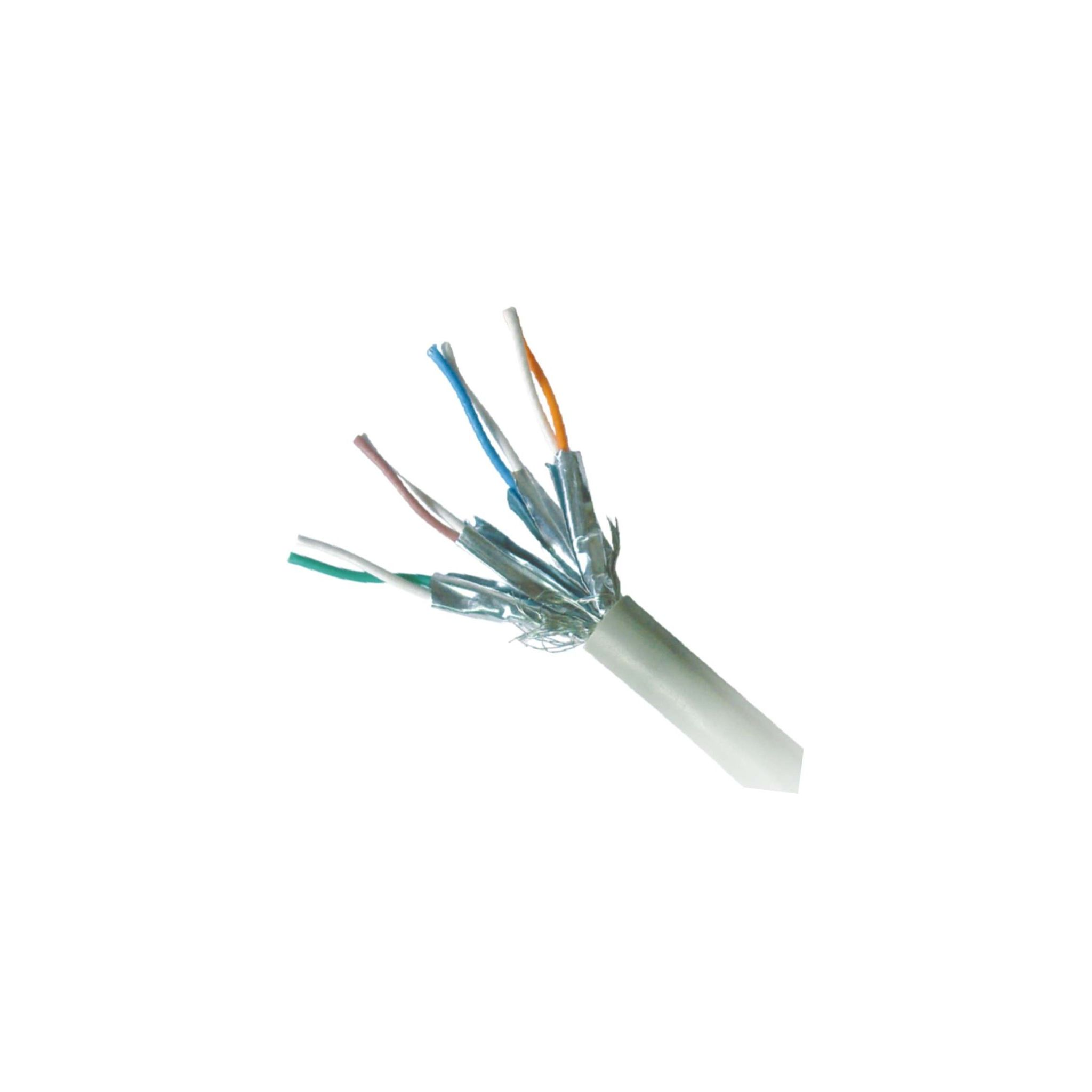 Cable con cables expuestos. Los cables son verdes, blancos, azules, naranjas y marrones. El cable es blanco.
