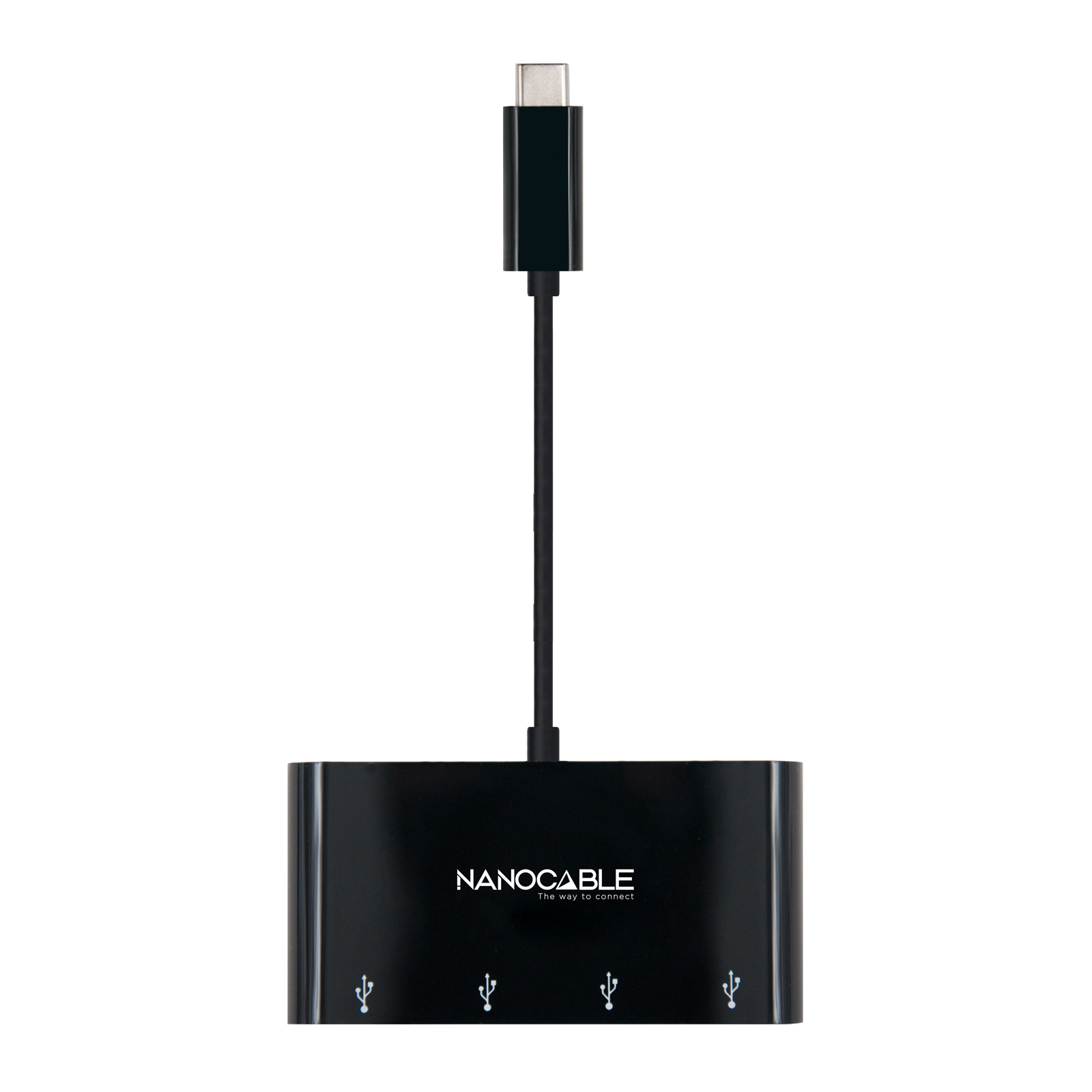 Concentrador USB-C negro con cuatro puertos USB y cable USB-C.