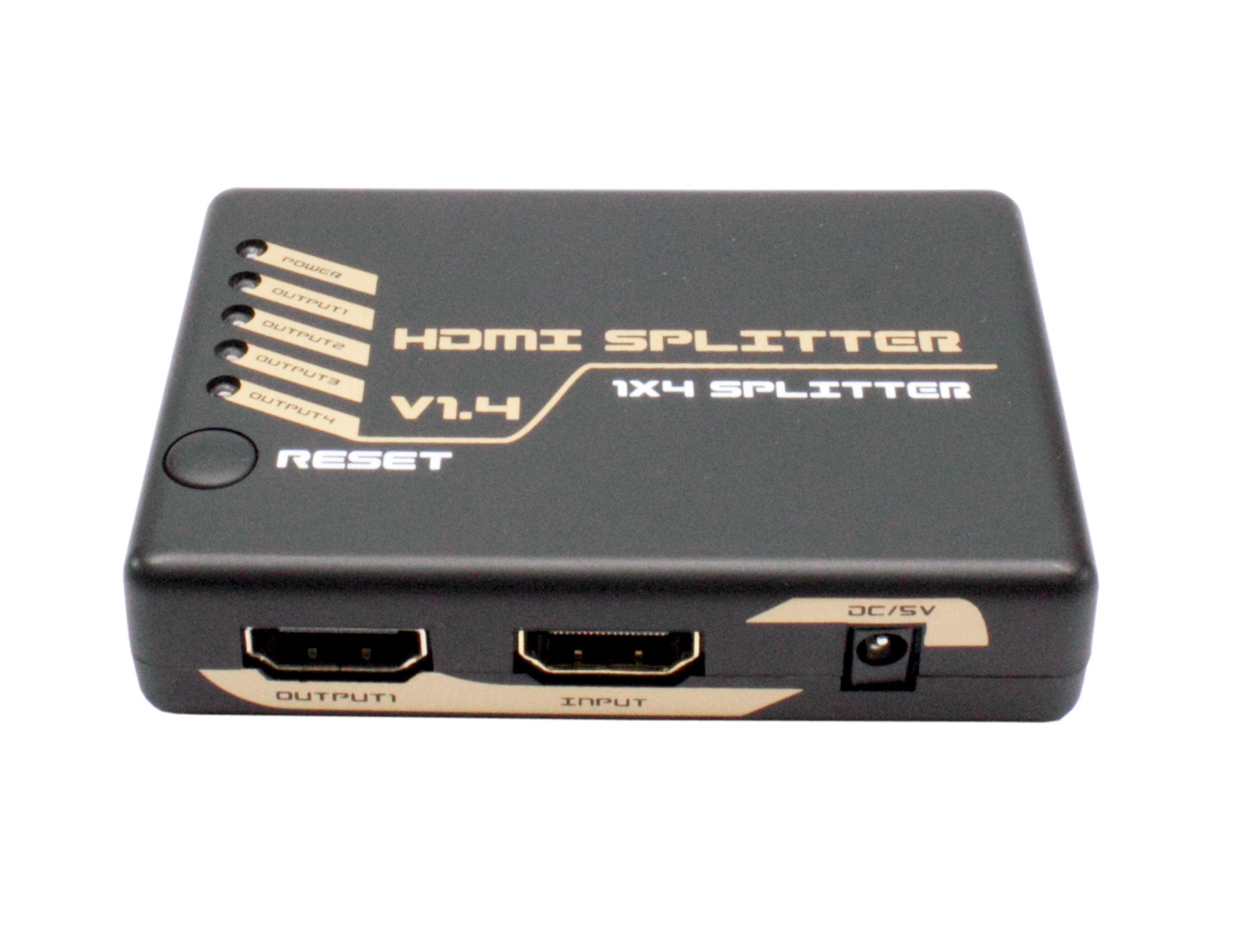Un divisor HDMI negro con múltiples puertos y etiquetas, sobre un fondo blanco.