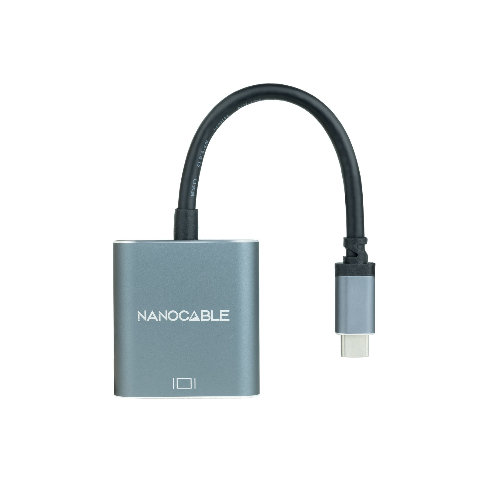 Un adaptador gris con cable USB-C y puerto VGA, sobre una superficie blanca.