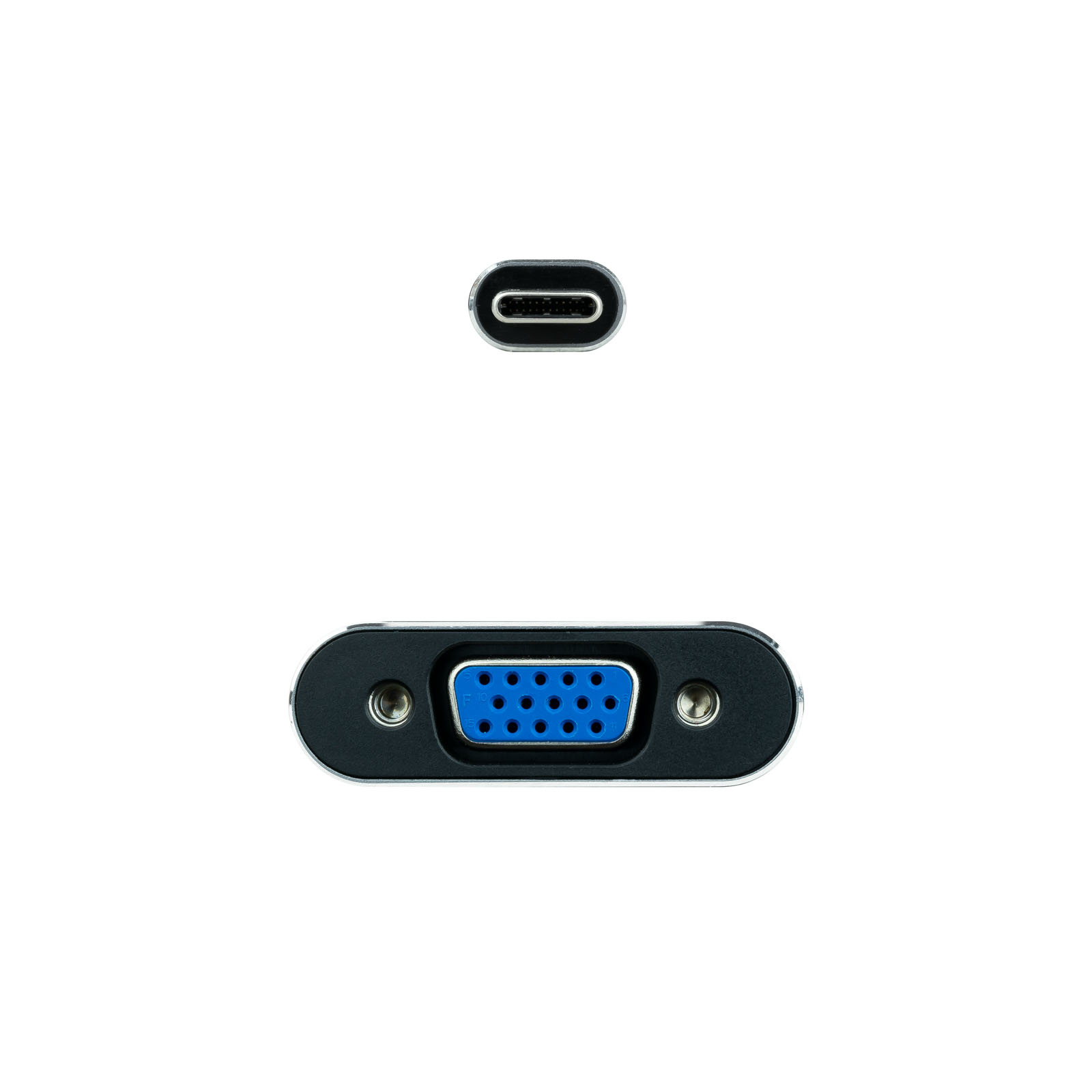 Dos conectores, un USB-C y un VGA, sobre un fondo blanco.