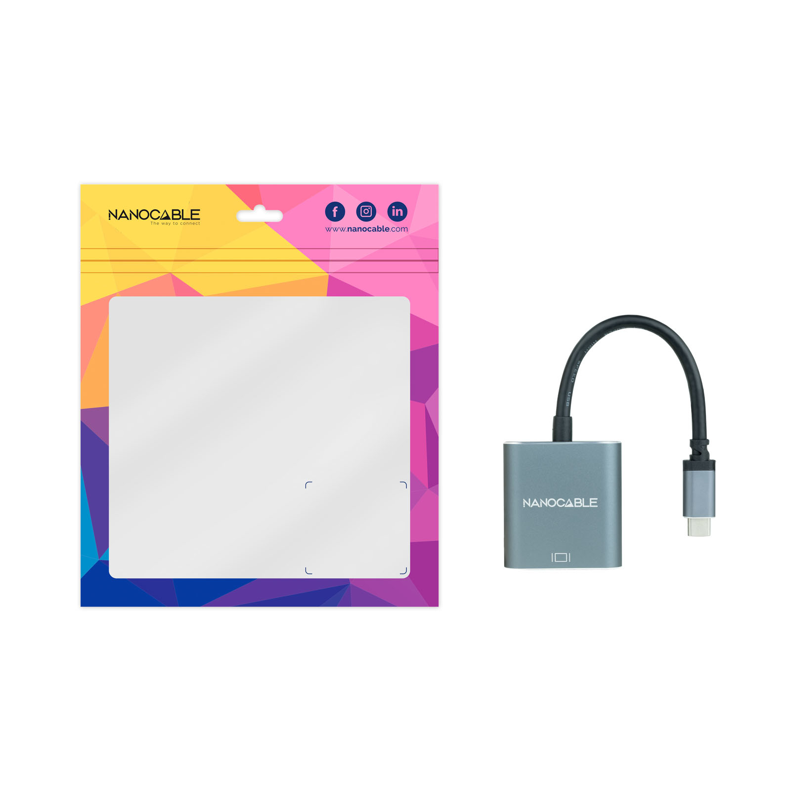 Un adaptador gris con cable USB-C y puerto VGA, junto a un embalaje.