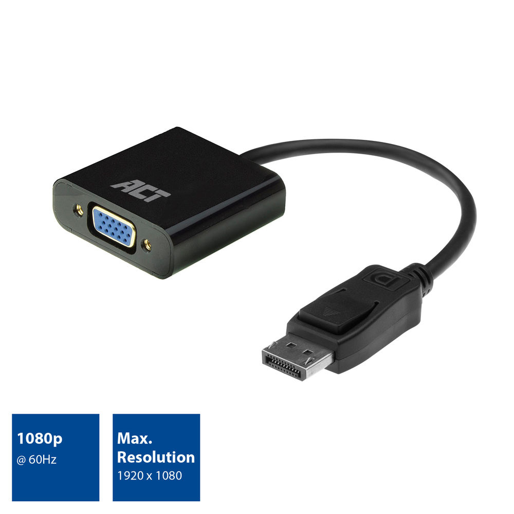 Un adaptador con un conector VGA y un conector DisplayPort, sobre un fondo blanco con texto.